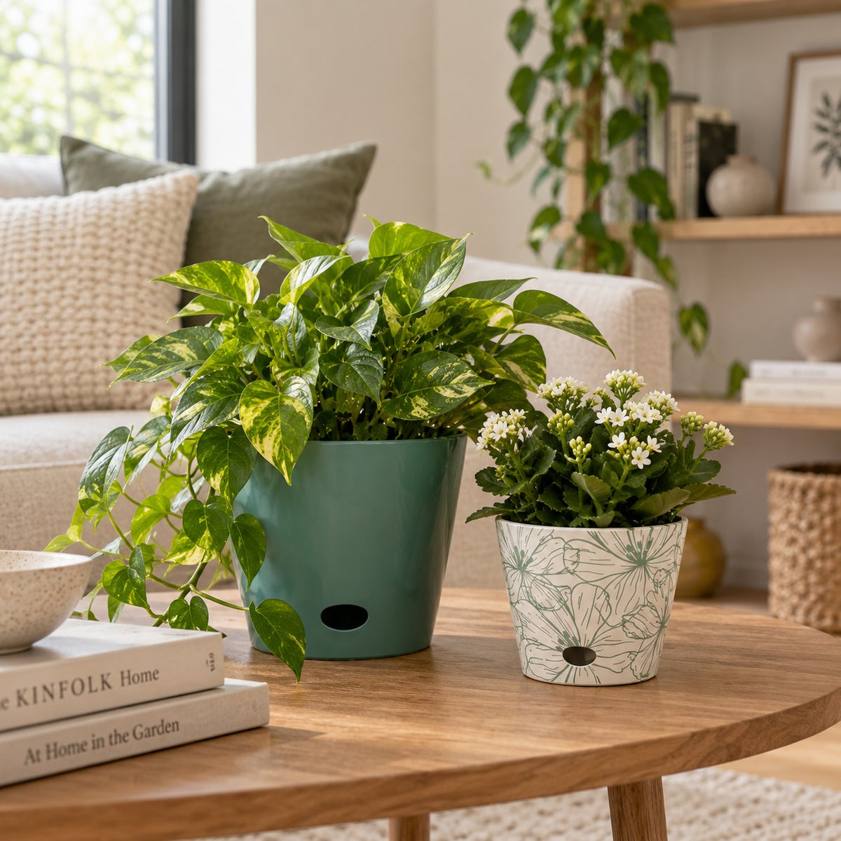 Self-Watering Plant Pot Set of 2, 5" Green Flower & 7" Sage Green