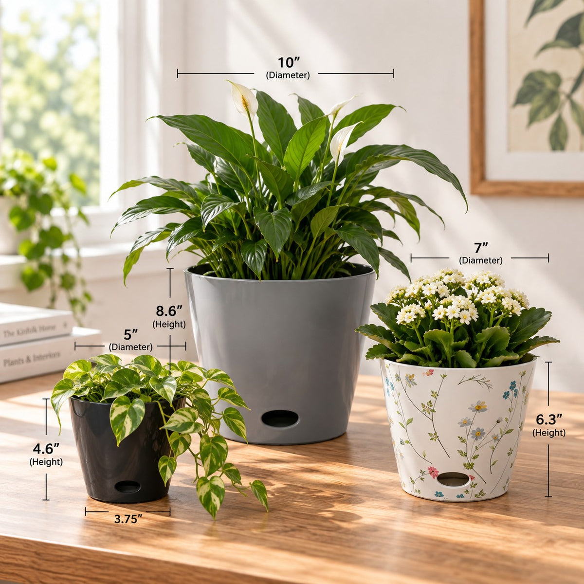 Self-Watering Plant Pot Set of 3 – 5" Black, 7" Wildflower, 10" Gray