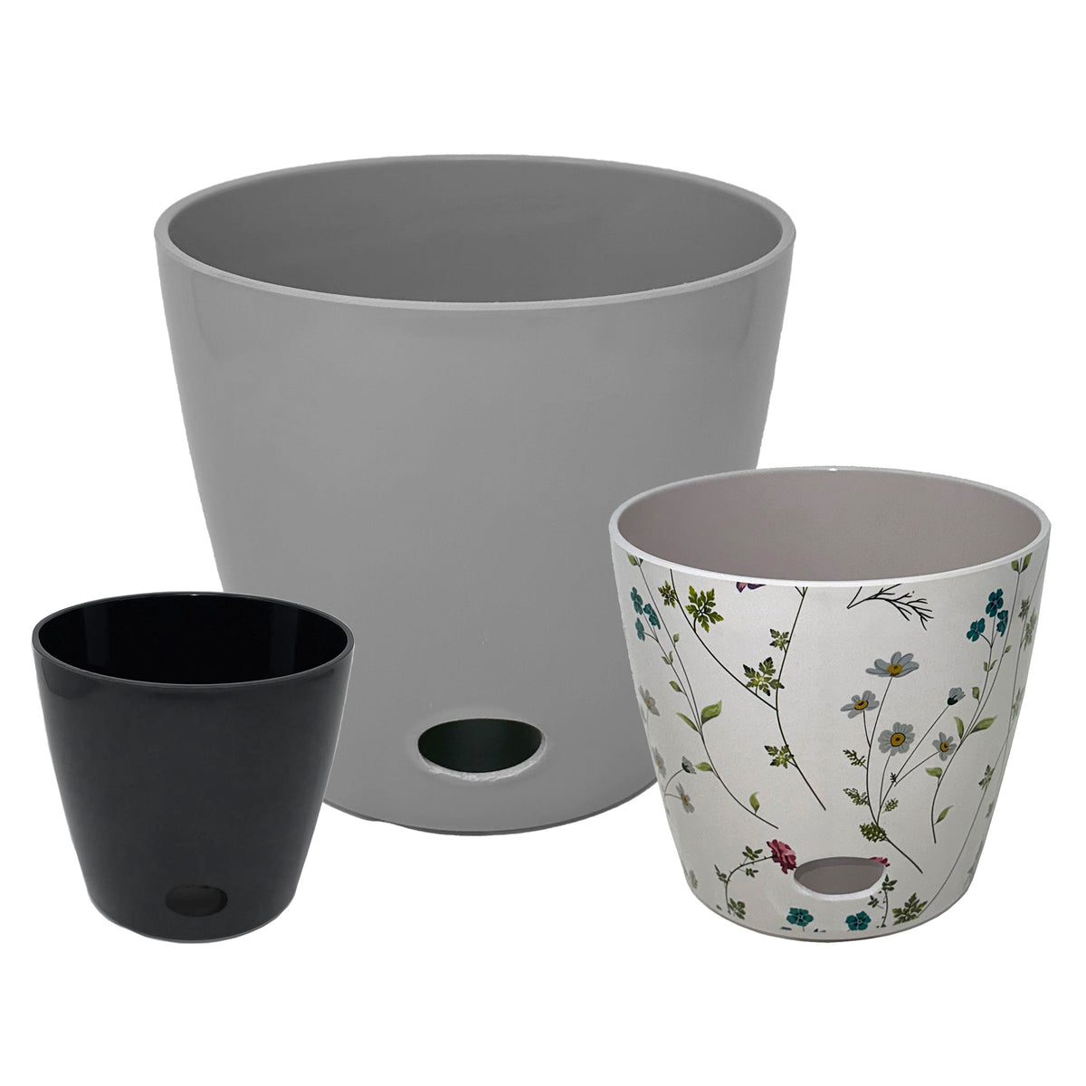 grey garden plant pots Self-Watering Planter Set of 3 – 10" Gray, 7" Wildflower, 5" Black