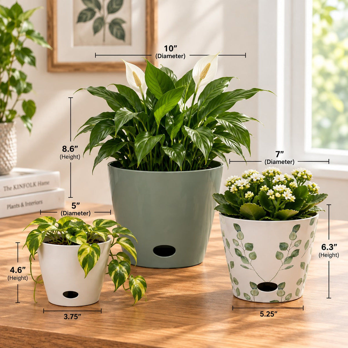 Self-Watering Plant Pot Set of 3 – 5" Cream, 7" Green Leaves, 10" Sage Green