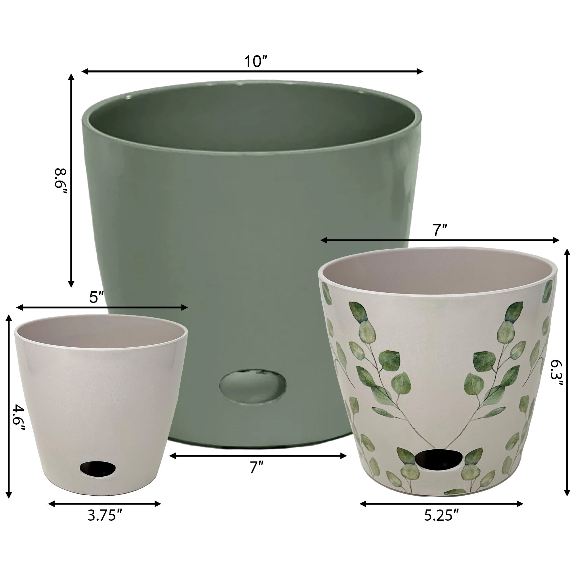 sage green plant pots Self-Watering Pot Set of 3 – 10" Sage, 7" Green Leaves, 5" Cream