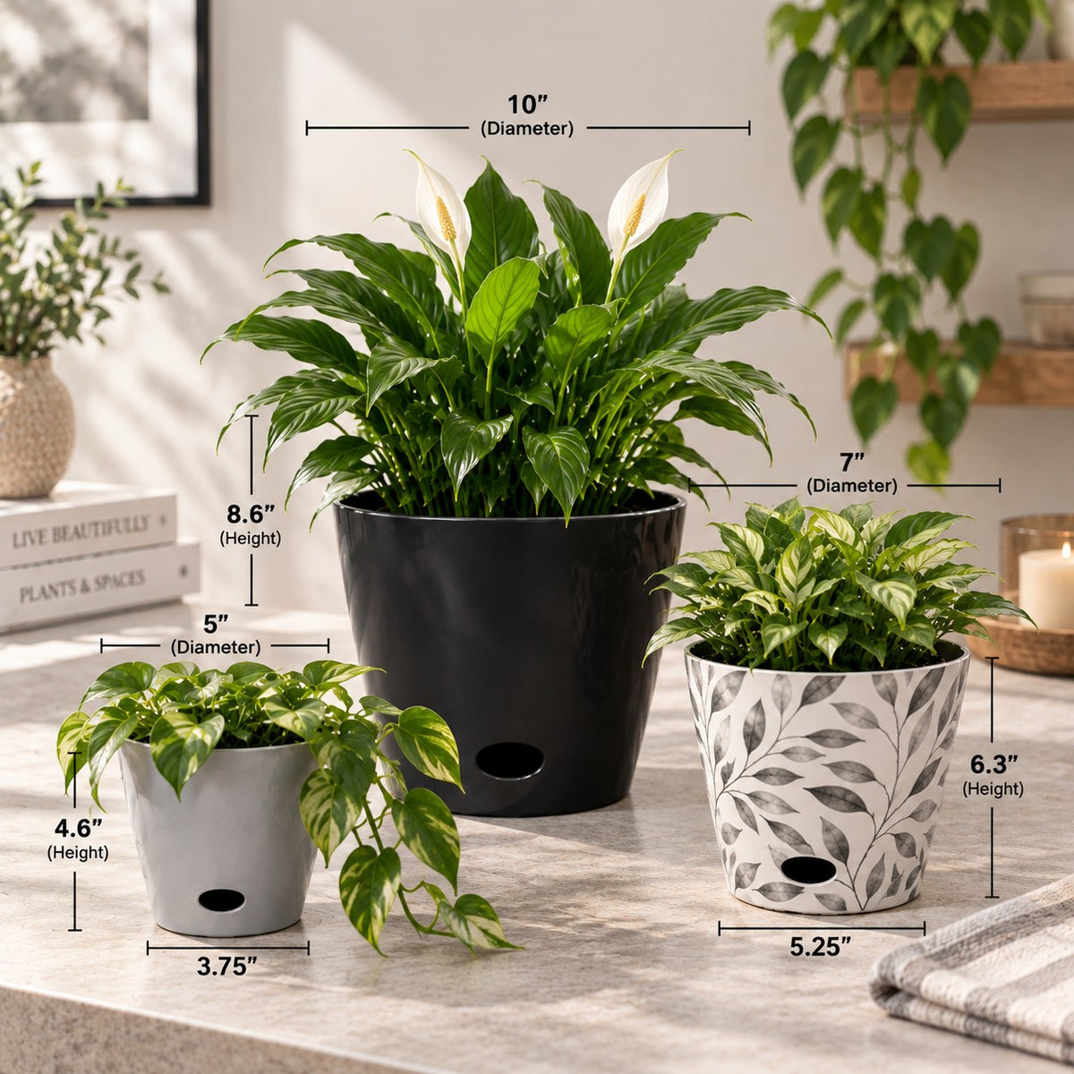 Self-Watering Plant Pot Set of 3 – 5" Gray, 7" Gray Leaves, 10" Black