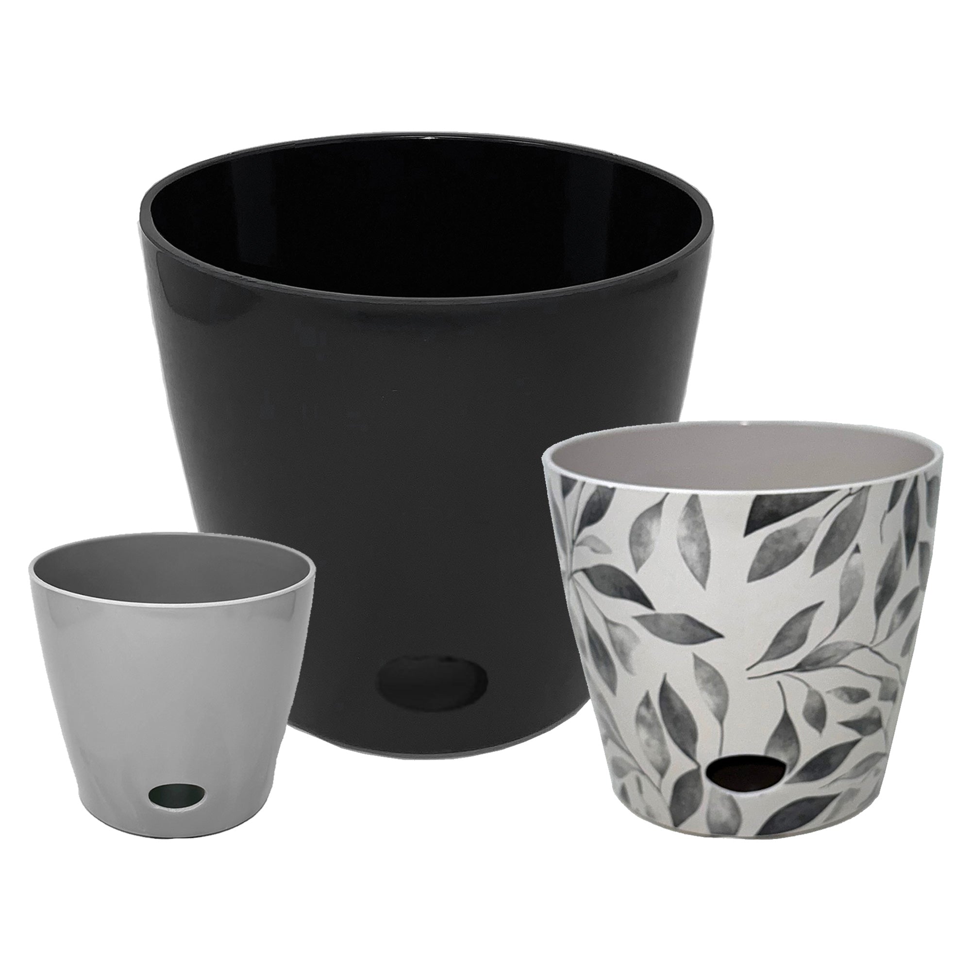 set of 5 plant pots Self-Watering Plant Pot Set of 3 5" Gray 7" Gray Leaves 10" Black