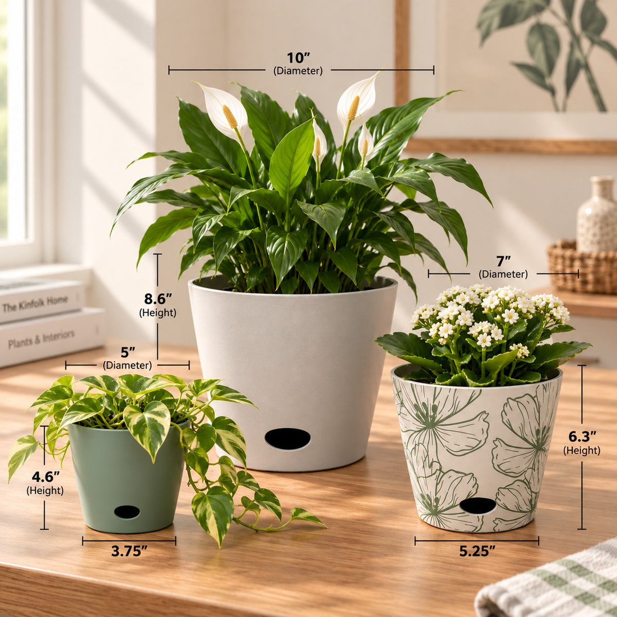 Self-Watering Plant Pot Set of 3 – 5" Sage Green, 7" Green Flower, 10" Cream