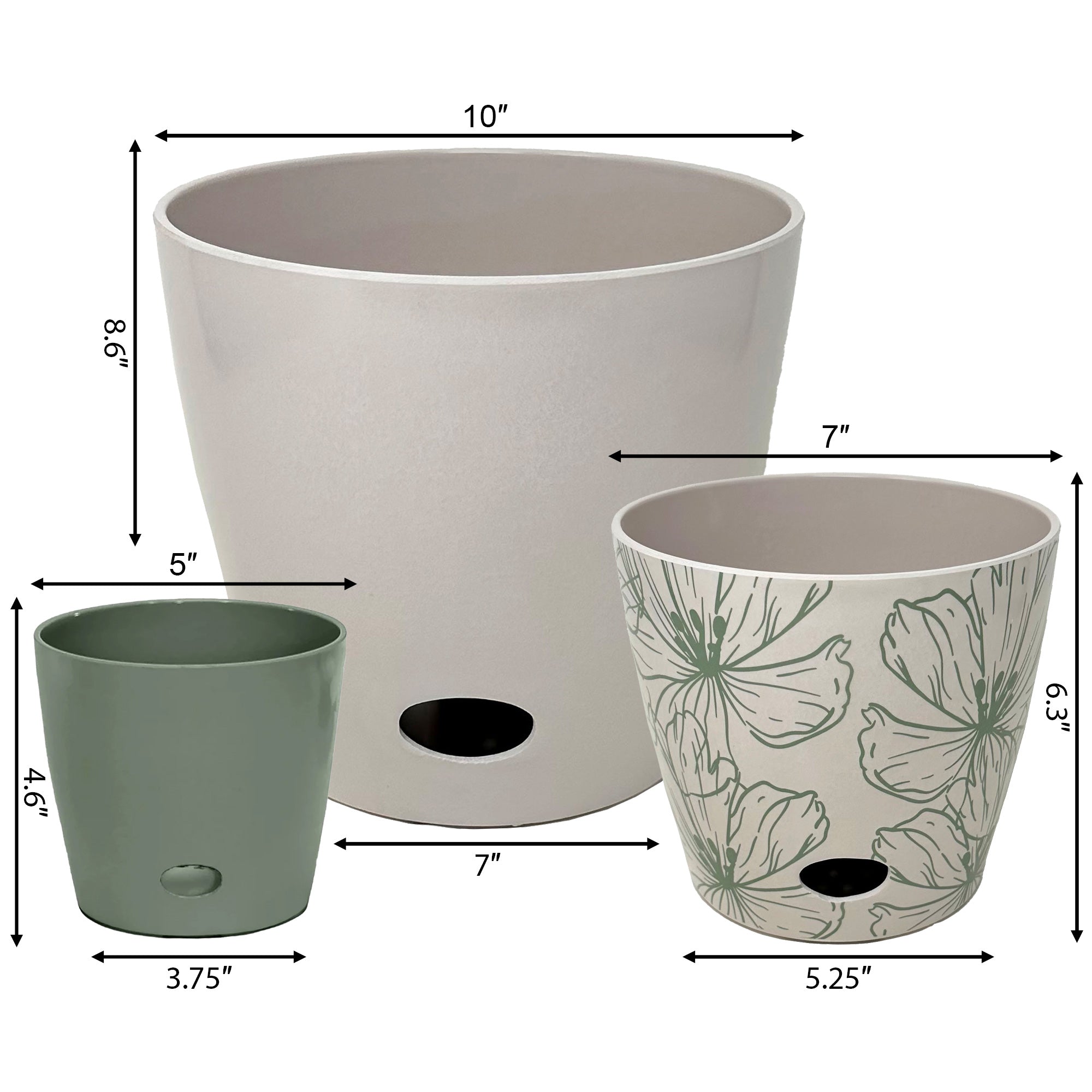sage green plant pot Self-Watering Plant Pot Set of 3 5" Sage Green 7" Green Flower 10" Cream