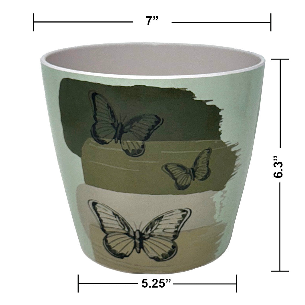 7" round bamboo butterfly self-watering plant pot, eco-friendly and biodegradable, designed for indoor/outdoor use.