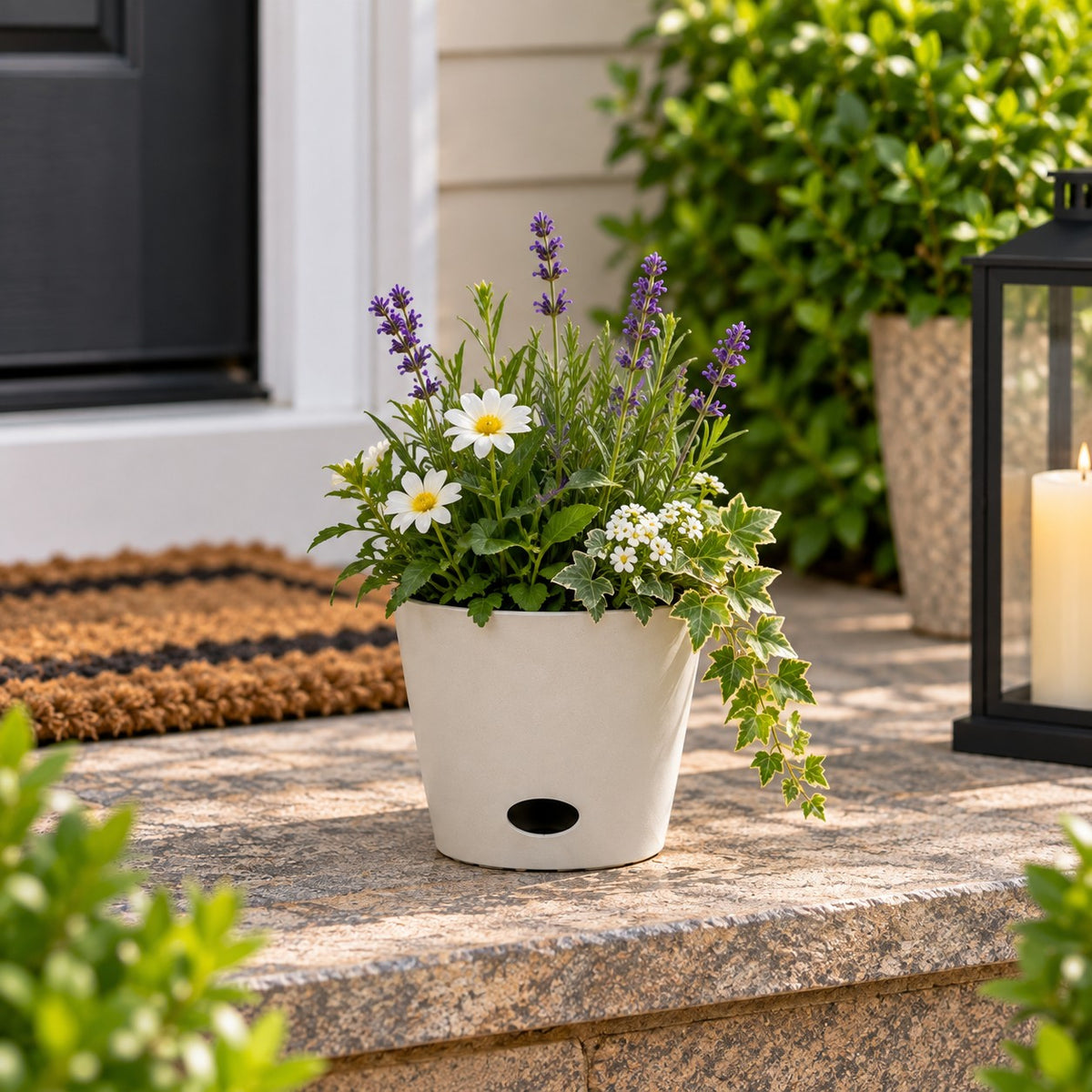 7" Cream Round Bamboo Self-Watering Indoor/Outdoor Plant Pot