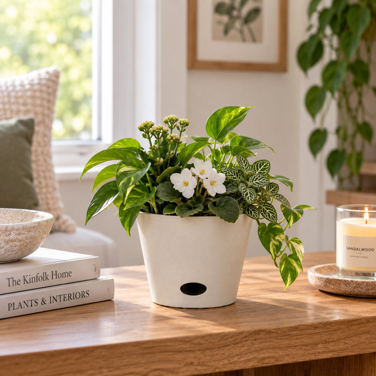 7" Cream Round Bamboo Self-Watering Indoor/Outdoor Plant Pot