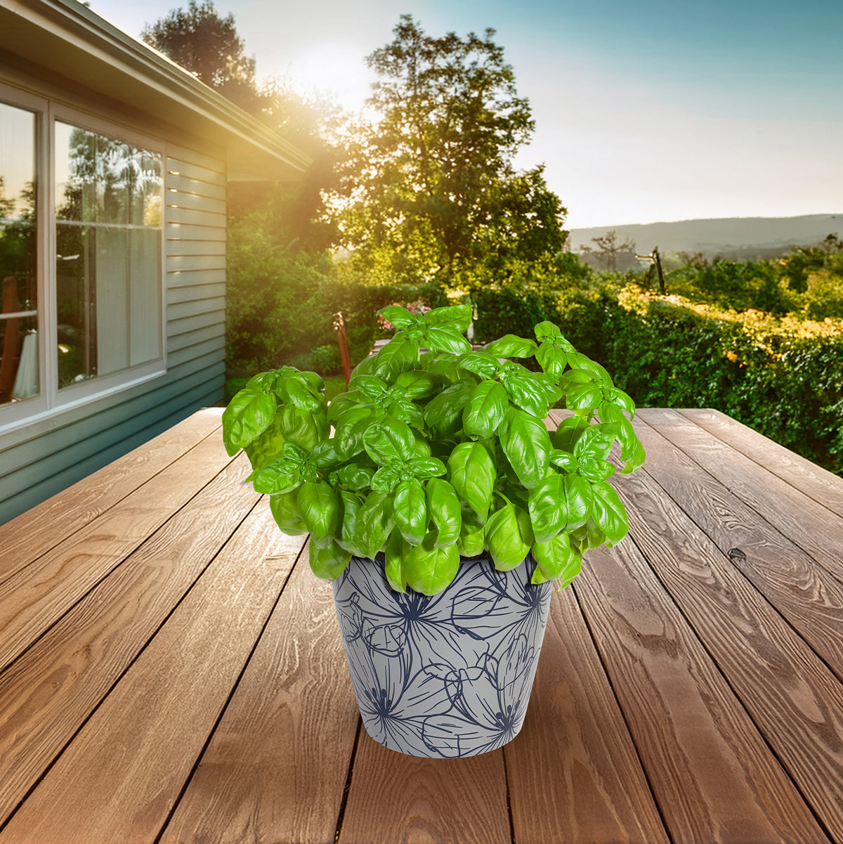 7" Indigo Flower Round Bamboo Self-Watering Indoor/Outdoor Plant Pot