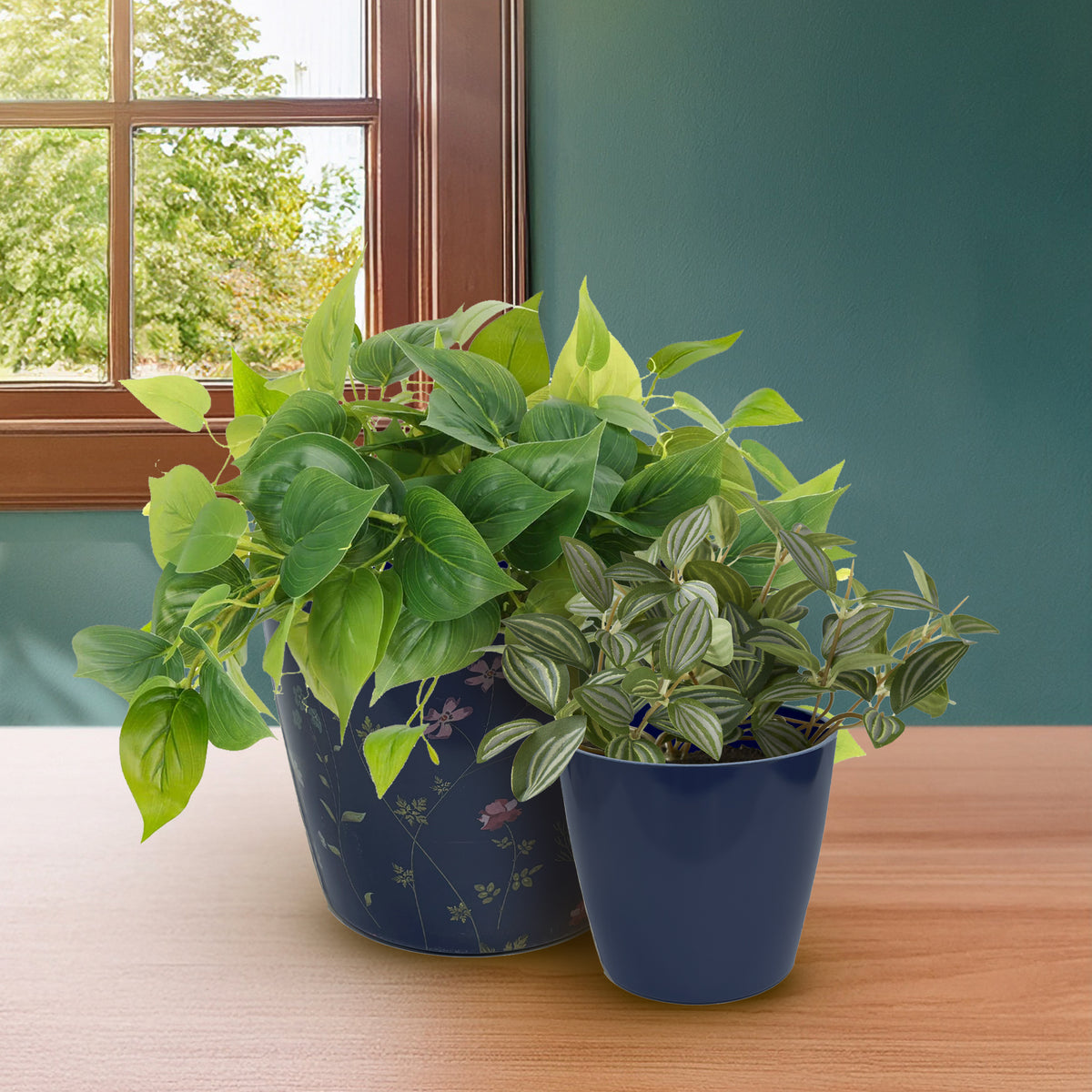 7" Blue Wildflower Round Bamboo Self-Watering Indoor/Outdoor Plant Pot