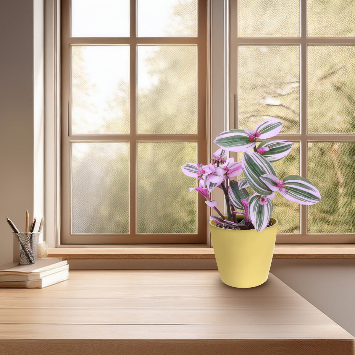 7" Pale Yellow Round Bamboo Self-Watering Indoor/Outdoor Plant Pot