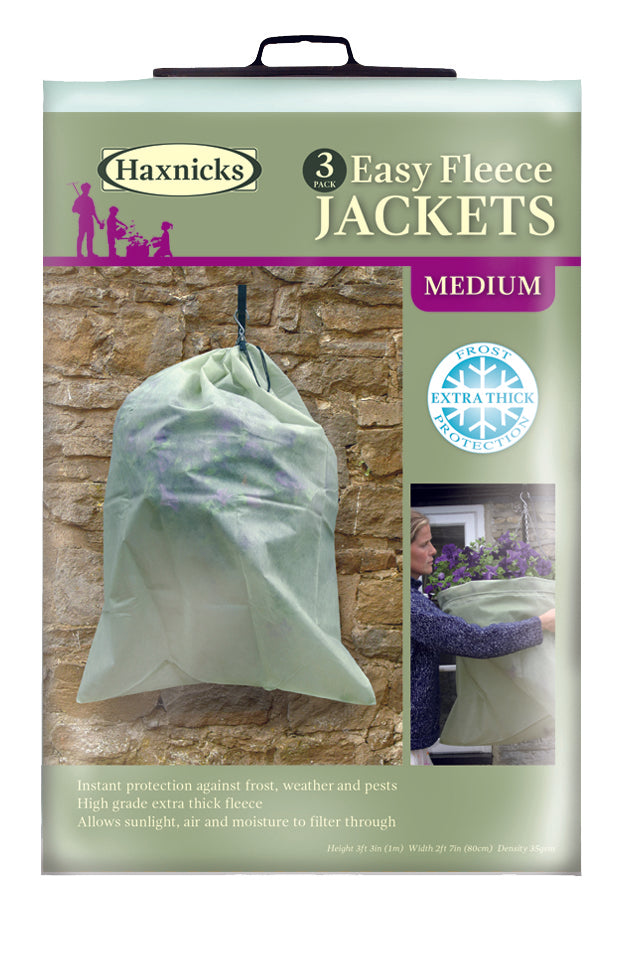 Haxnicks Medium Easy Fleece Jacket 3-Pack providing frost protection for plants.