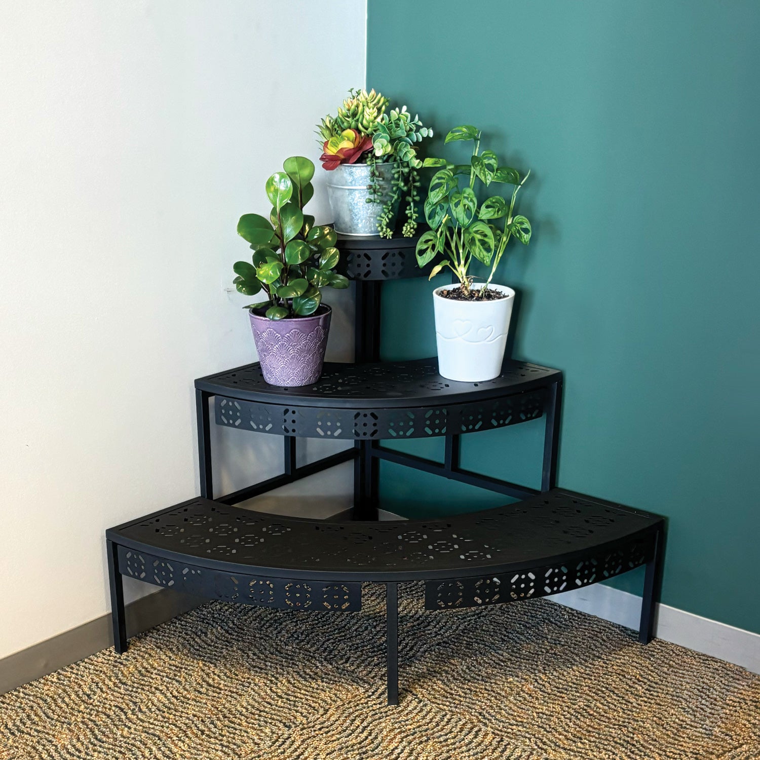 indoor 3 tier plant stand 3-tier Corner Plant Stand Black Powder-Coated Steel, Indoor/Outdoor Decorative Display Shelf