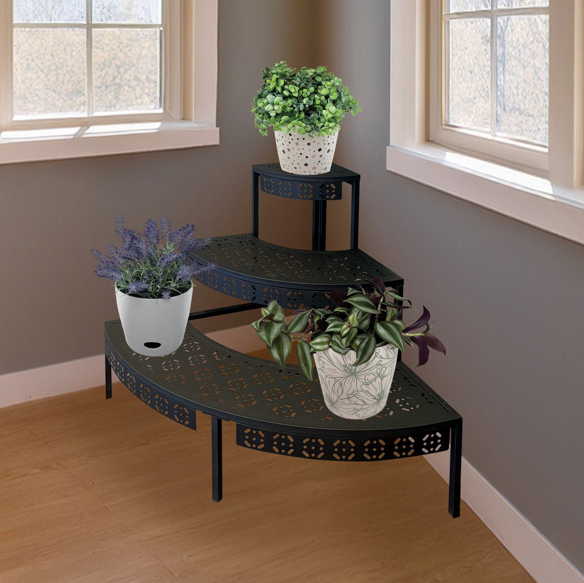 corner rack for plants 3-tier Corner Plant Stand Black Powder-Coated Steel, Indoor/Outdoor Decorative Display Shelf
