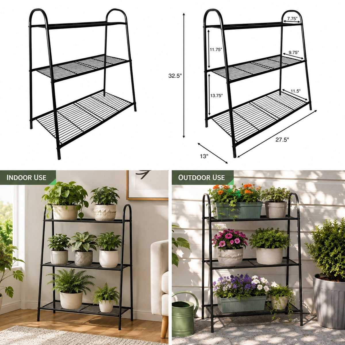 3-Tier Balcony Plant Stand – Black Powder-Coated Steel