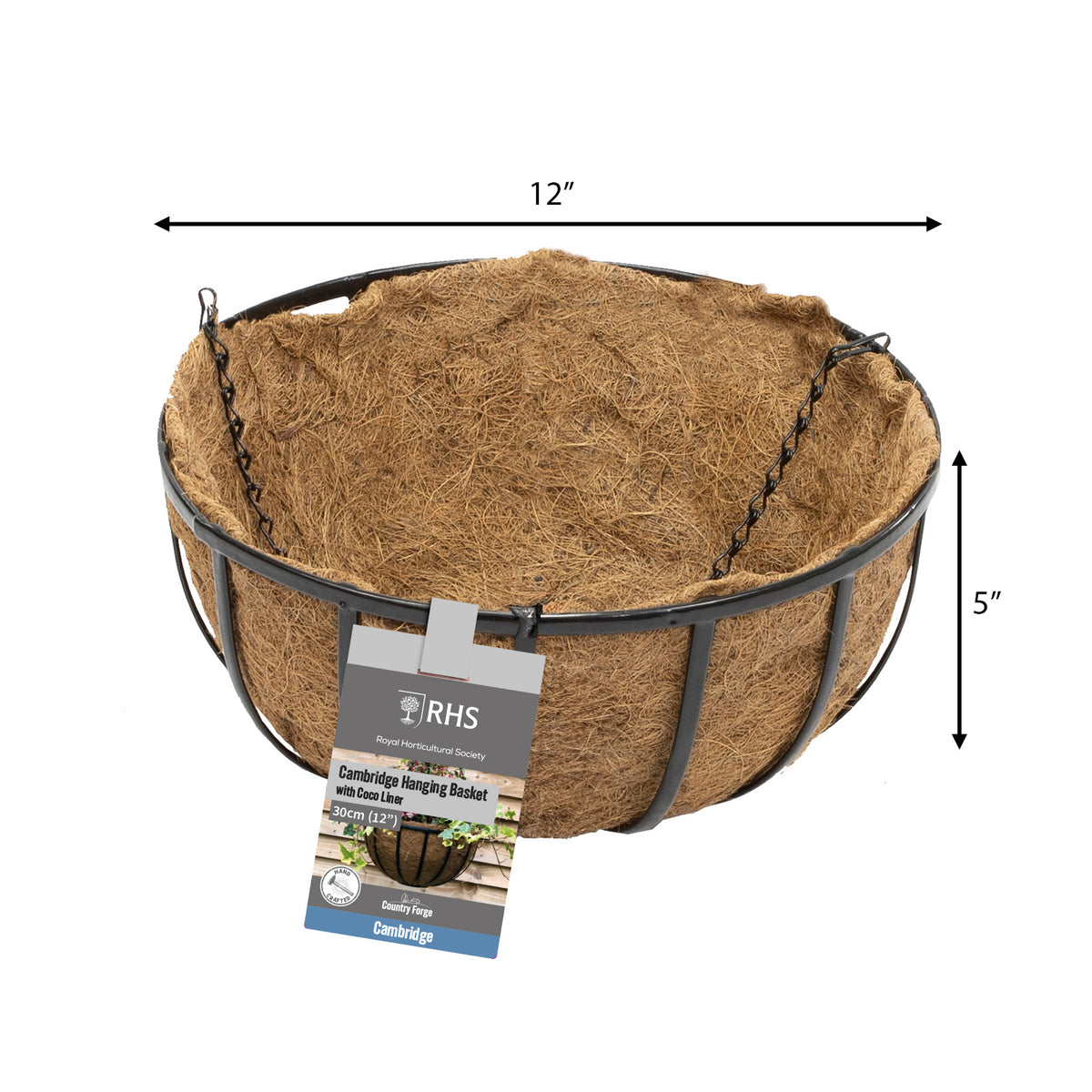 RHS 12" Cambridge Premium Hanging Basket with Coco Liner – Black Steel