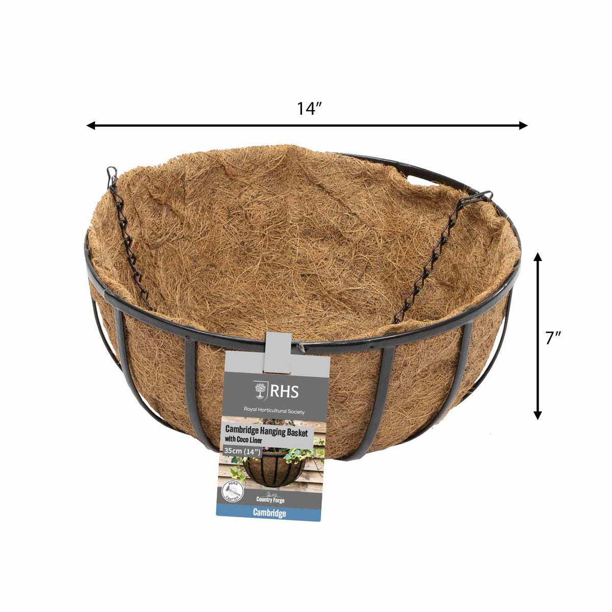 RHS Cambridge Hanging Basket with Coco Liner – 14" Black Steel Hanging Planter with Chain