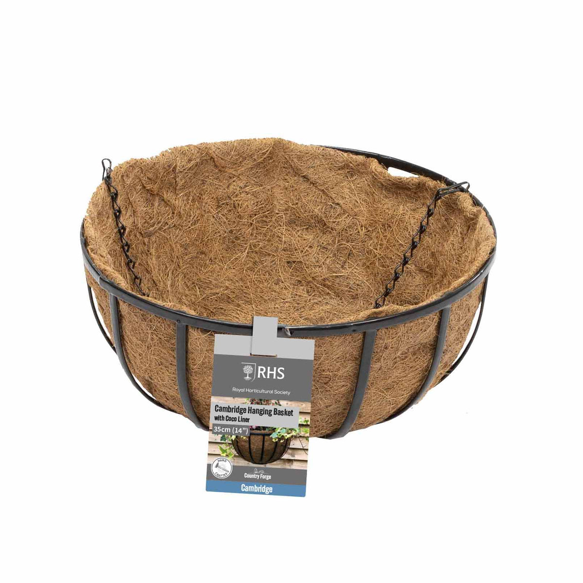 RHS Cambridge Hanging Basket with Coco Liner – 14" Black Steel Hanging Planter with Chain