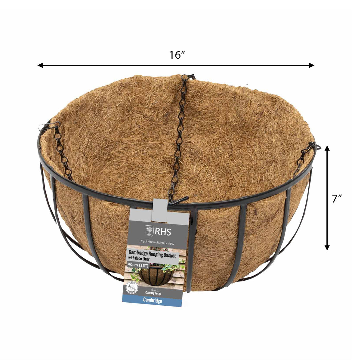 RHS Cambridge Hanging Basket with Coco Liner – 16" Black Steel Hanging Planter with Chain