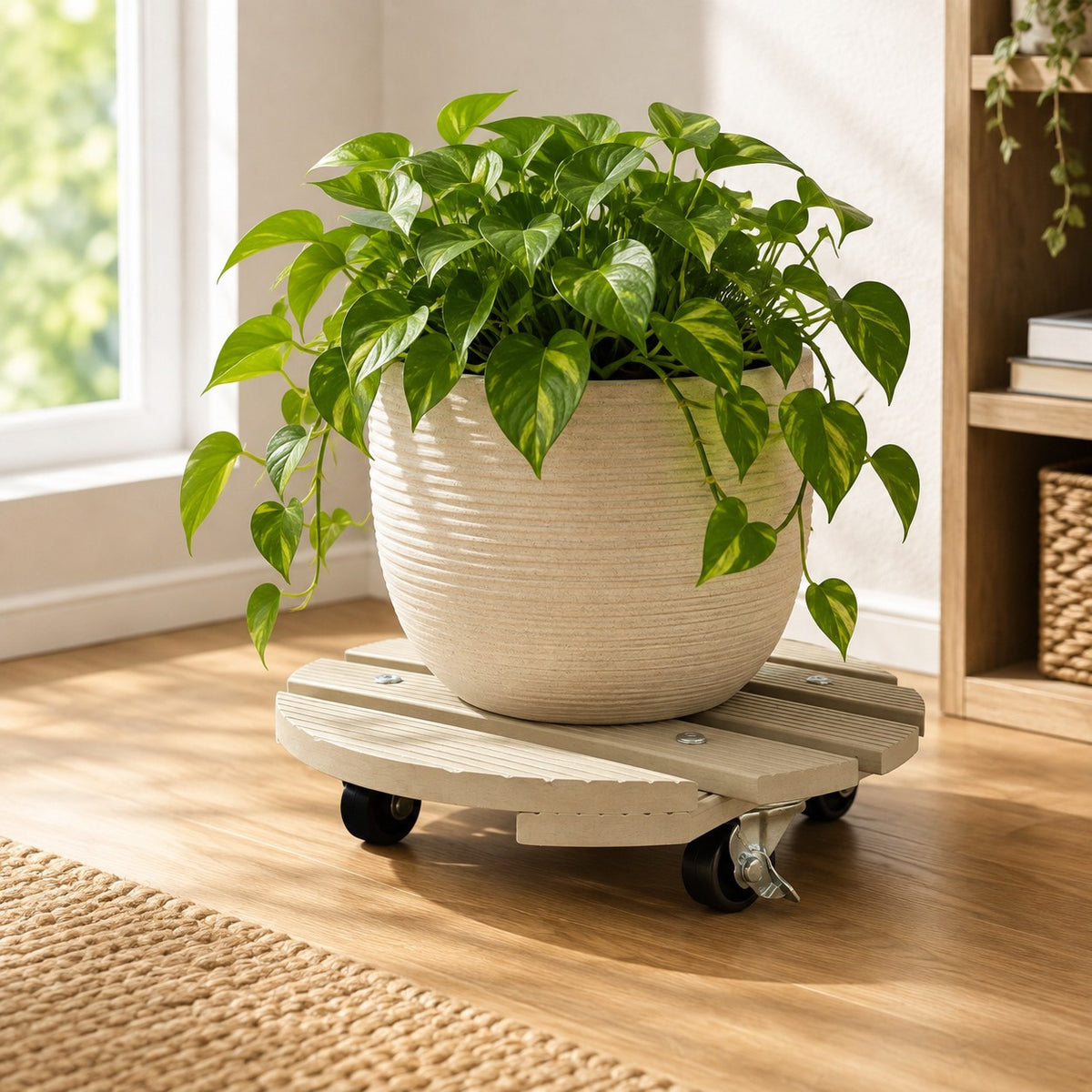 11.4" Cream Round WPC Plant Caddy with Locking Casters – Indoor & Outdoor Rolling Plant Stand, 220 lb Capacity