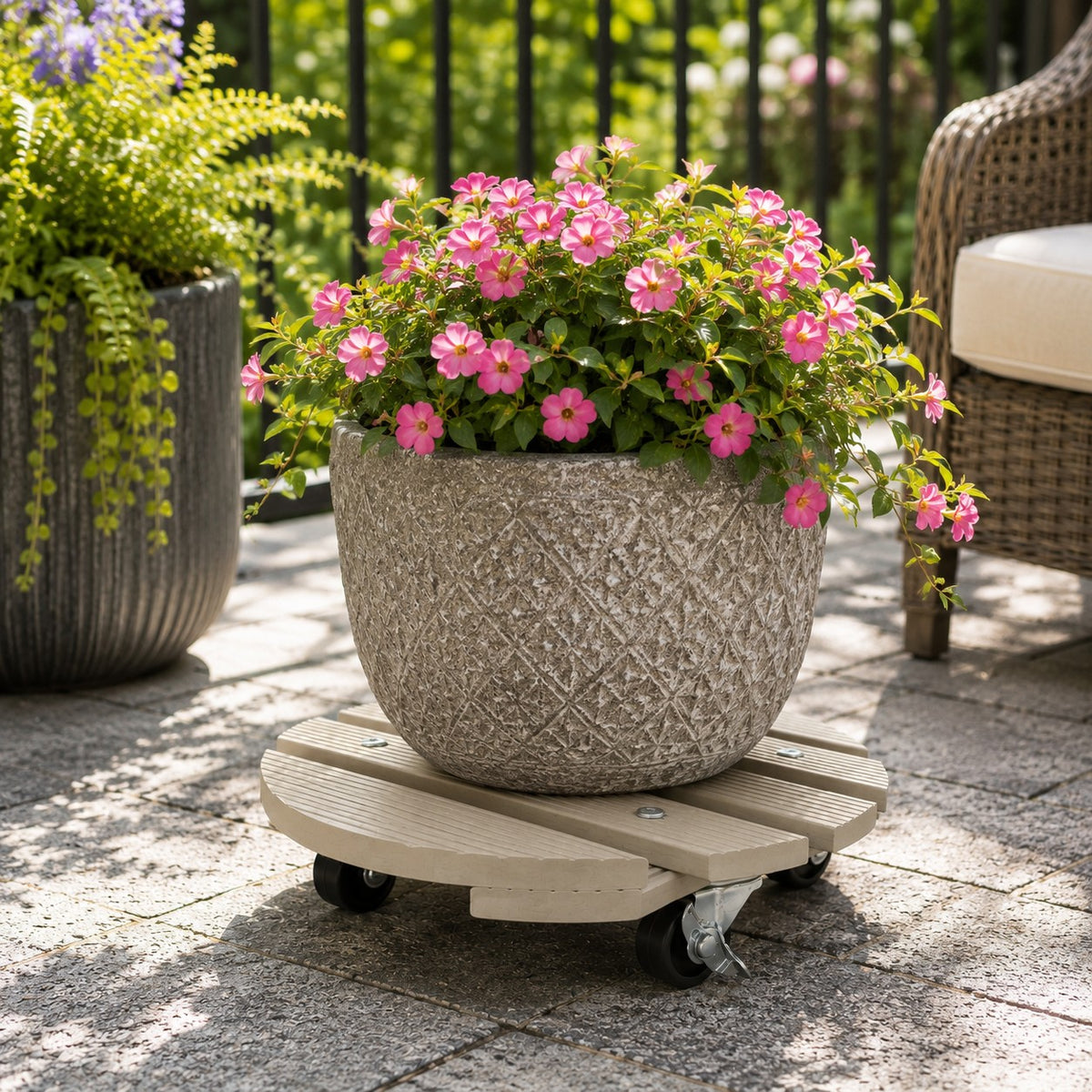 11.4" Cream Round WPC Plant Caddy with Locking Casters – Indoor & Outdoor Rolling Plant Stand, 220 lb Capacity