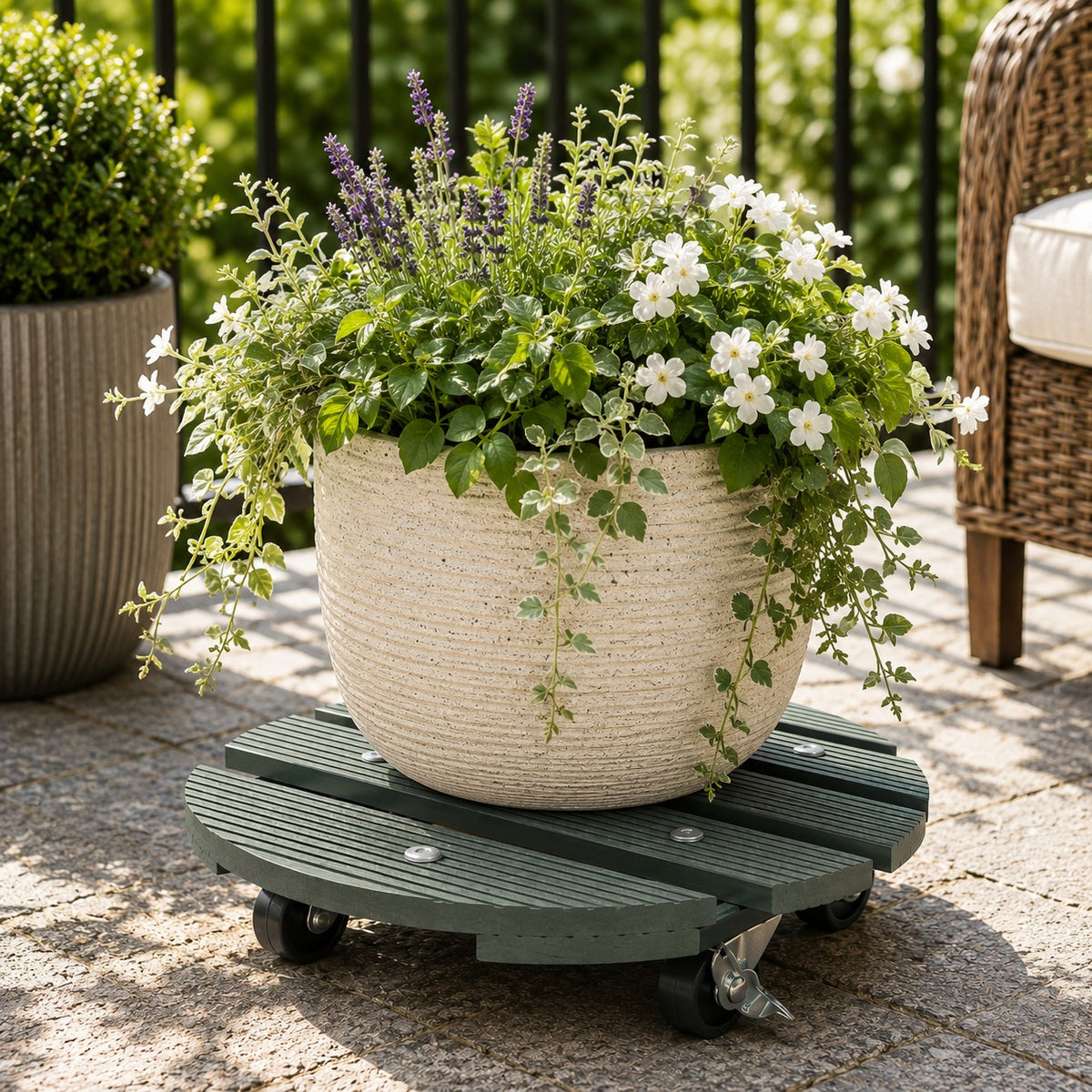 11.4" Sage Green Round WPC Plant Caddy with Locking Casters – Indoor & Outdoor Rolling Plant Stand, 220 lb Capacity