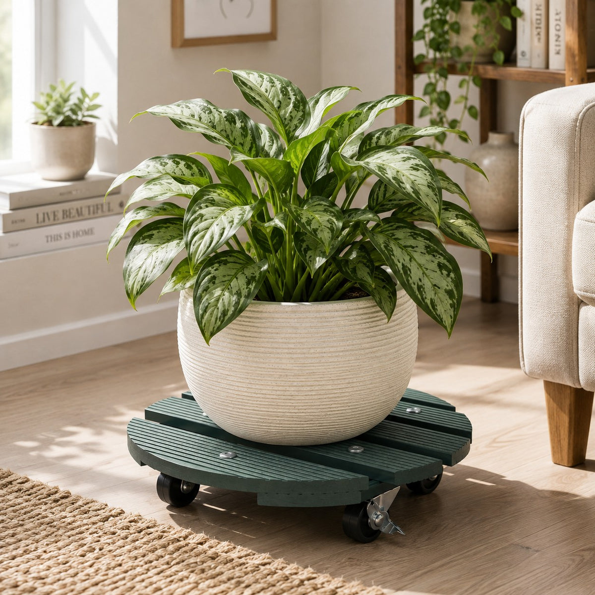 11.4" Sage Green Round WPC Plant Caddy with Locking Casters – Indoor & Outdoor Rolling Plant Stand, 220 lb Capacity