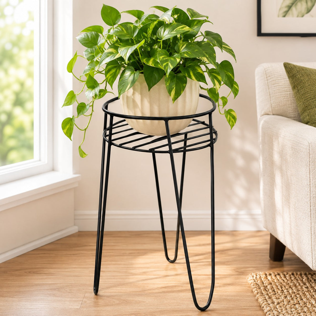 Medium Black Metal Plant Stand – Heavy-Duty Powder-Coated Steel Planter Stand for Indoor & Outdoor Use