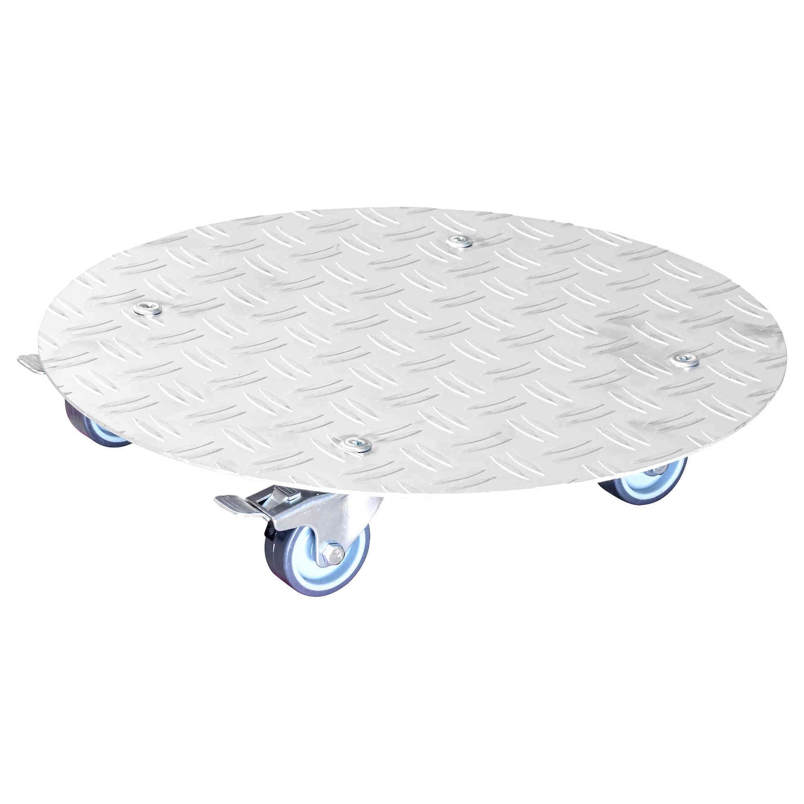 15" silver round diamond plated aluminum plant caddy with brakes and soft casters.