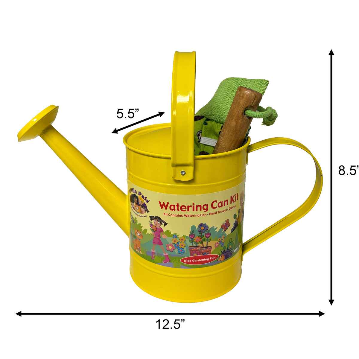 Little Pals Yellow Kids Gardening Kit with Metal Pail, Gloves & Hand Trowel
