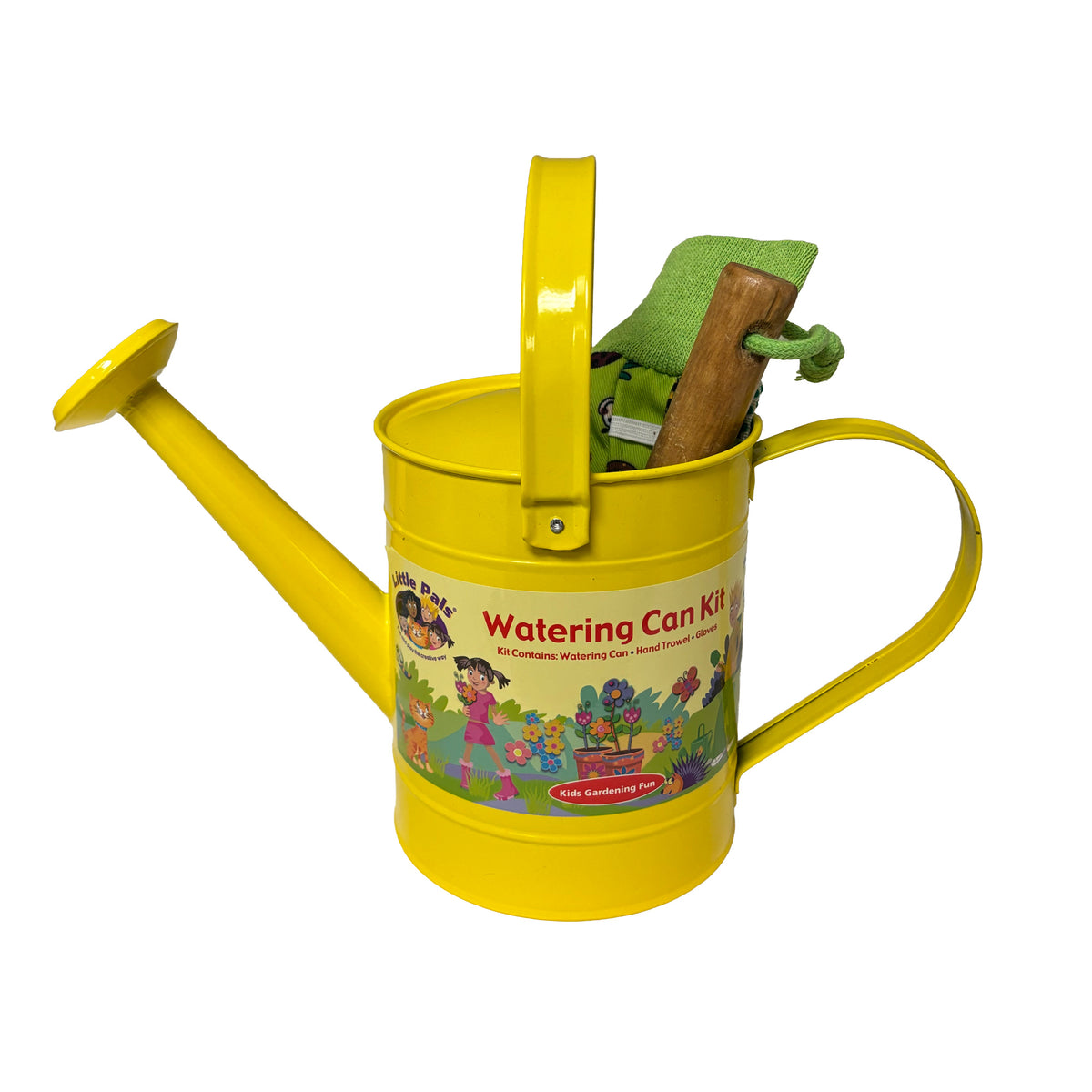 Little Pals Yellow Kids Gardening Kit with Metal Pail, Gloves & Hand Trowel