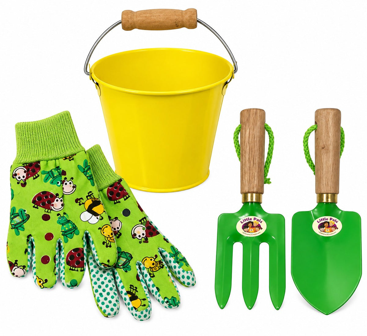 Little Pals Yellow Kids Gardening Kit – Metal Pail, Gloves & Hand Trowel