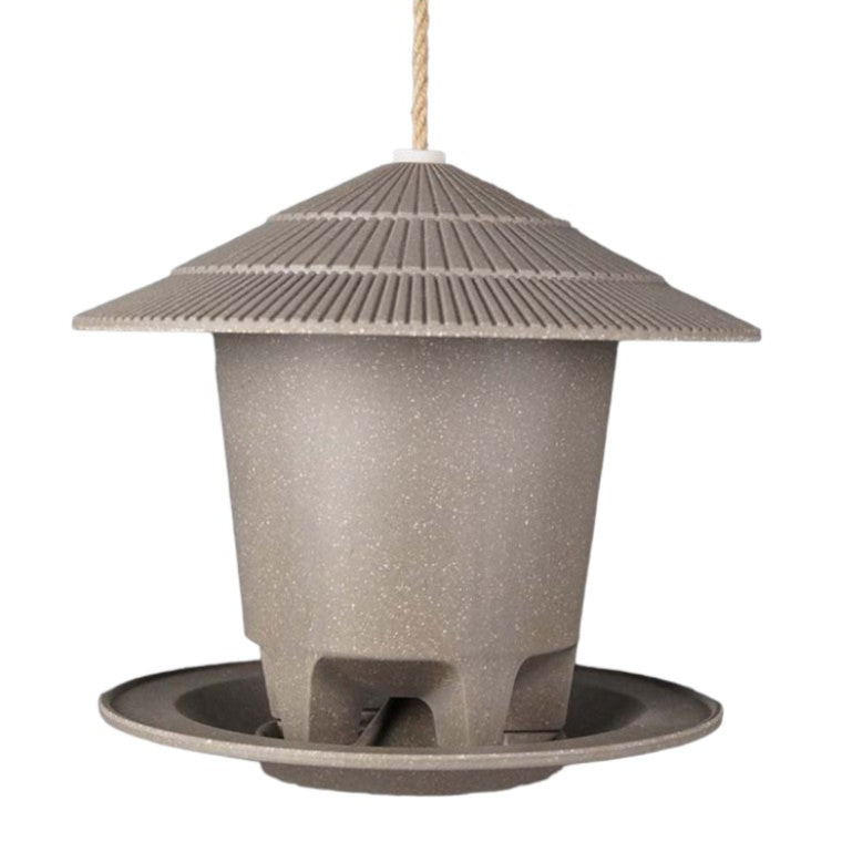 Earthy Sustainable Deluxe Round Bird Feeder made from straw, 8.6" dia x 7.5" H, frost-proof, vegan-friendly.