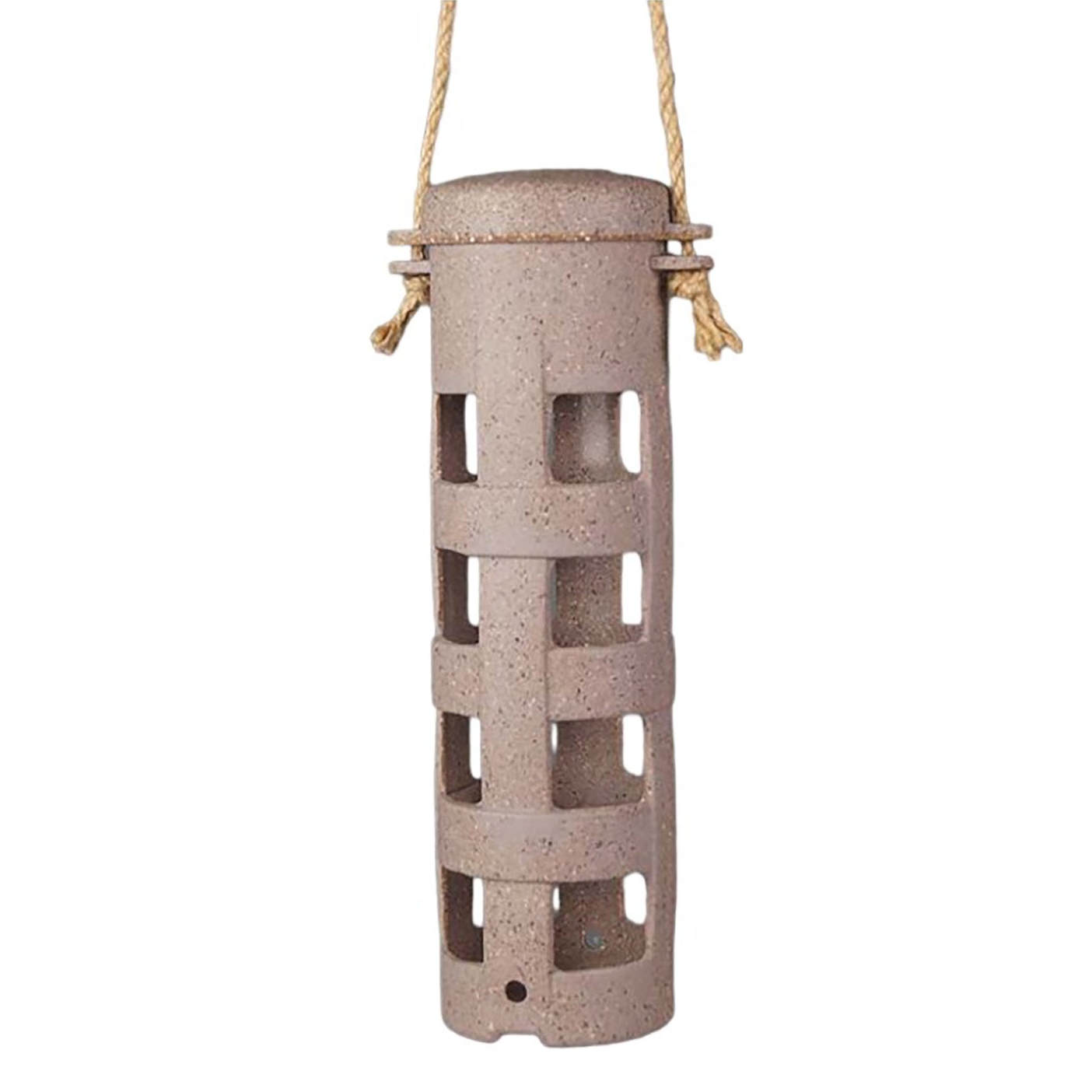 Earthy Sustainable Suet Ball Feeder made from Nut Husks, 9.06" high, 2.5" diameter, vegan-friendly.
