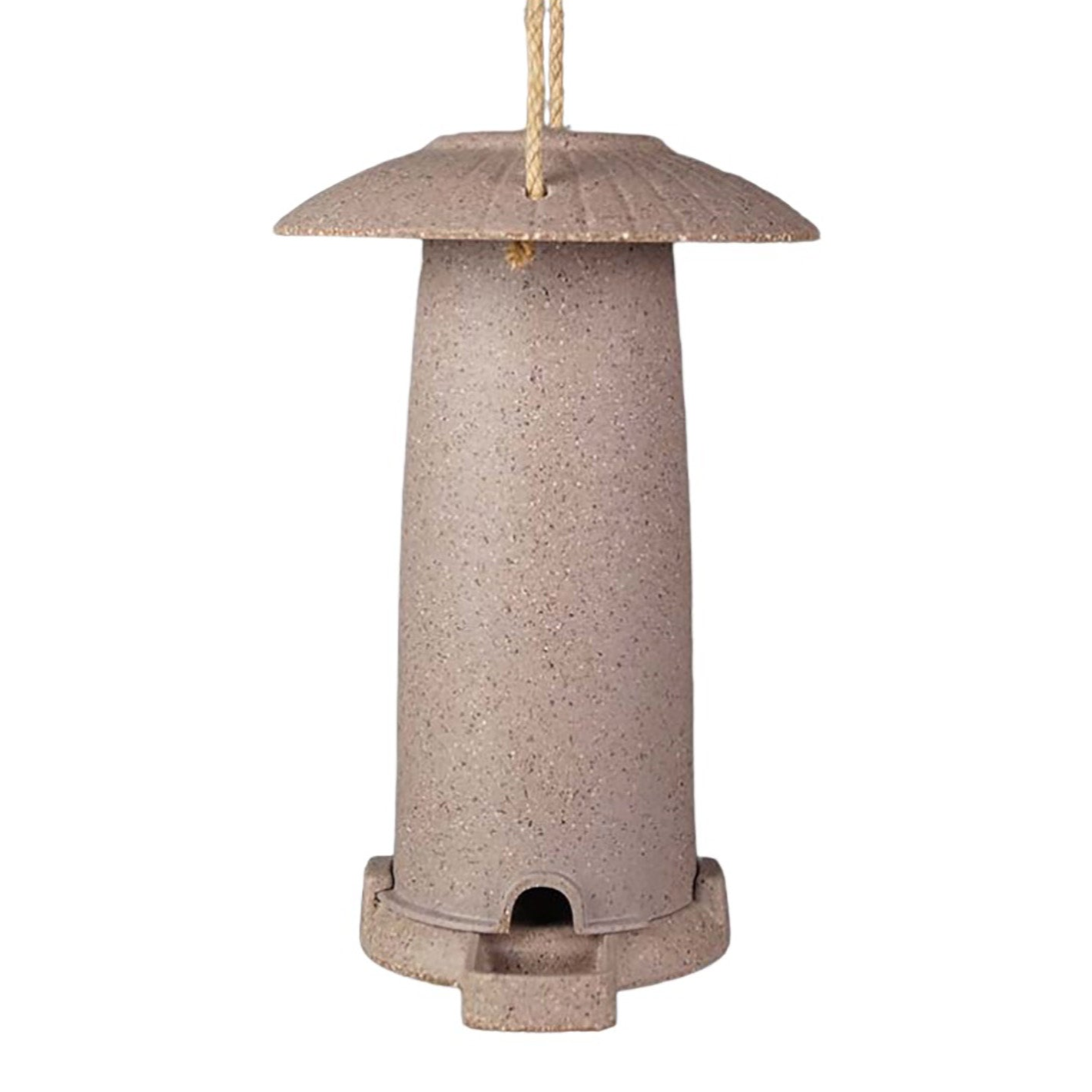 Earthy sustainable seed feeder made from nut husks for birds, measures 8.66" x 5.71" x 6.10", frost-proof, vegan-friendly.