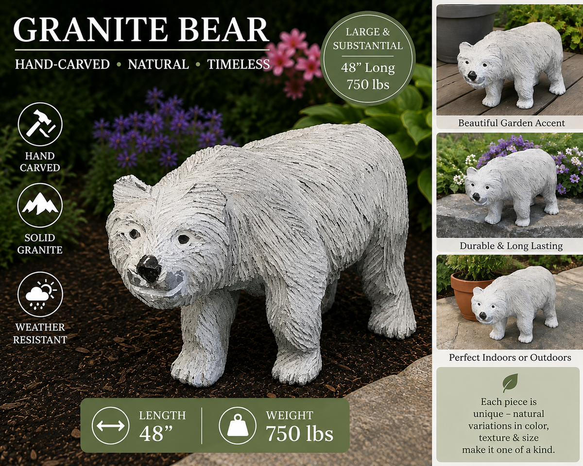 Granite Bear Sculpture – Intricately Detailed with Polished Accents, 48”L, 750 lbs