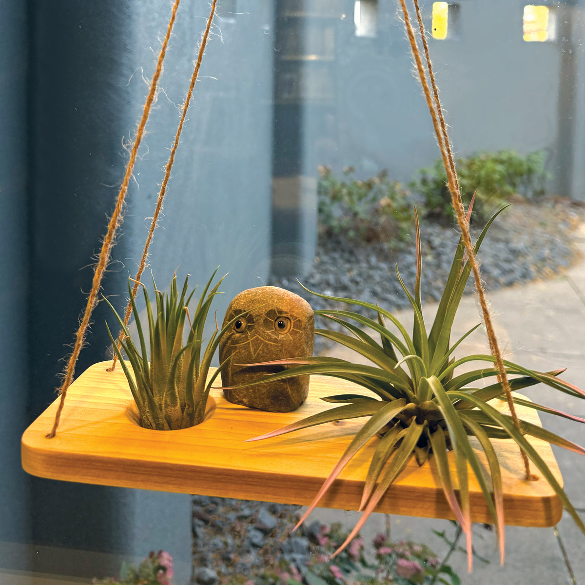 Double Air Plant Swing Set with Stone Owl – 2 Wooden Swings for 4 Air Plants & Natural Stone Owl
