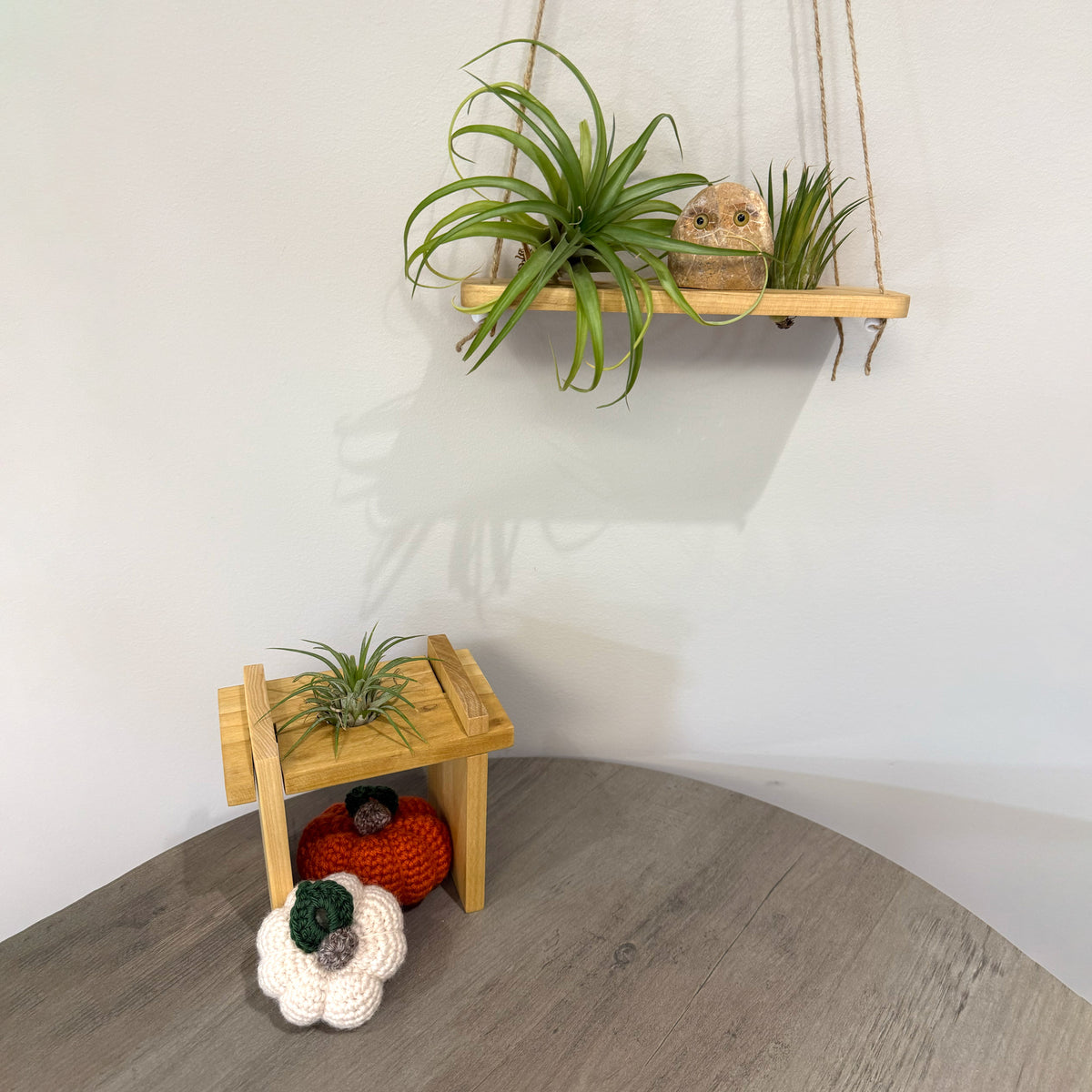 Air Plant Stands Kit with Stone Owl – 2 Poplar Wood Displays & Hand-Carved Stone Owl Accent