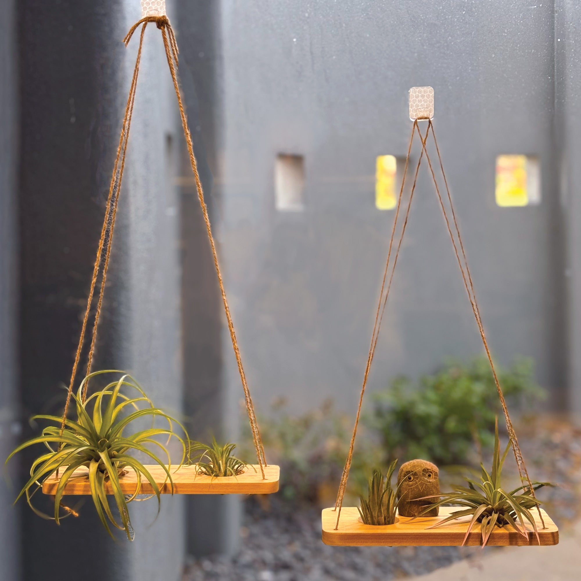 owl hanging planter Double Air Plant Swing Set with Stone Owl – Hanging Dual Display with Natural Poplar Wood & Hand-Carved Stone Owl | Garden Your Way
