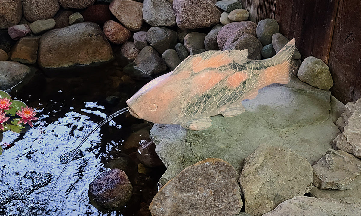 Pink marble KOI fish sculpture for outdoor koi fish fountain near water feature.
