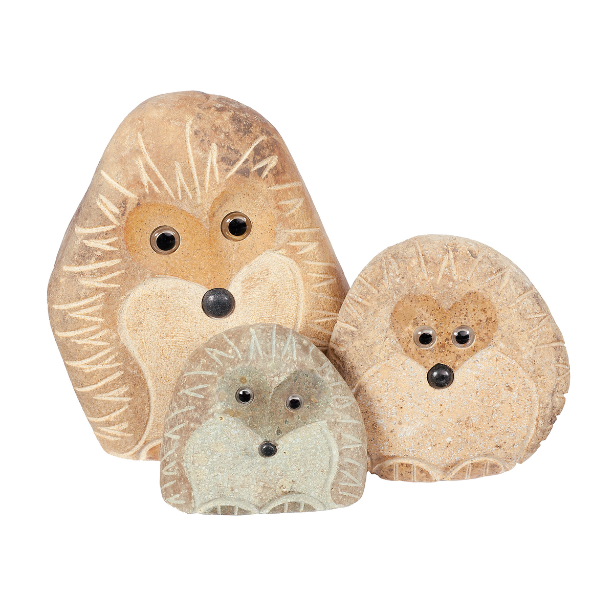 Hand-carved natural granite boulder hedgehog family set, 3 pieces in 4", 6", 8" sizes, eco-friendly garden decor.