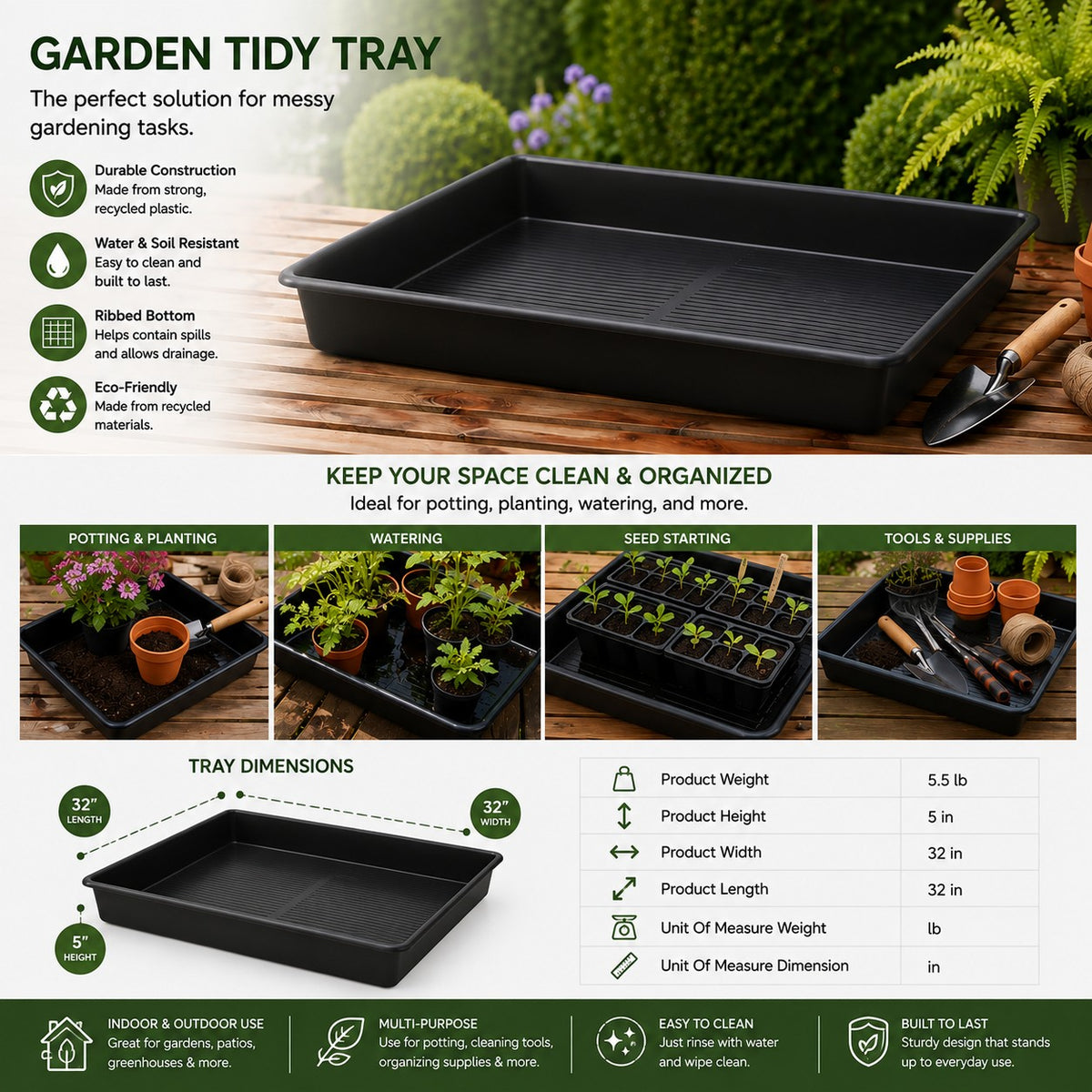 32" Black Square Garden Tray, 32"L x 32"W x 5"H
