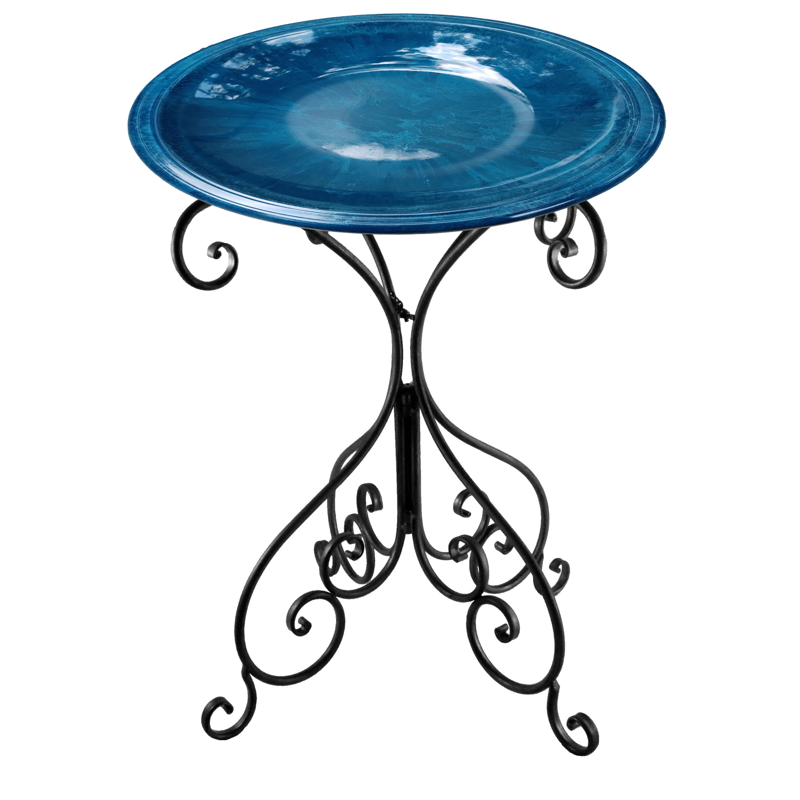 Azure Blue Fiber Clay 19" Dia Birdbath with Black Metal Stand