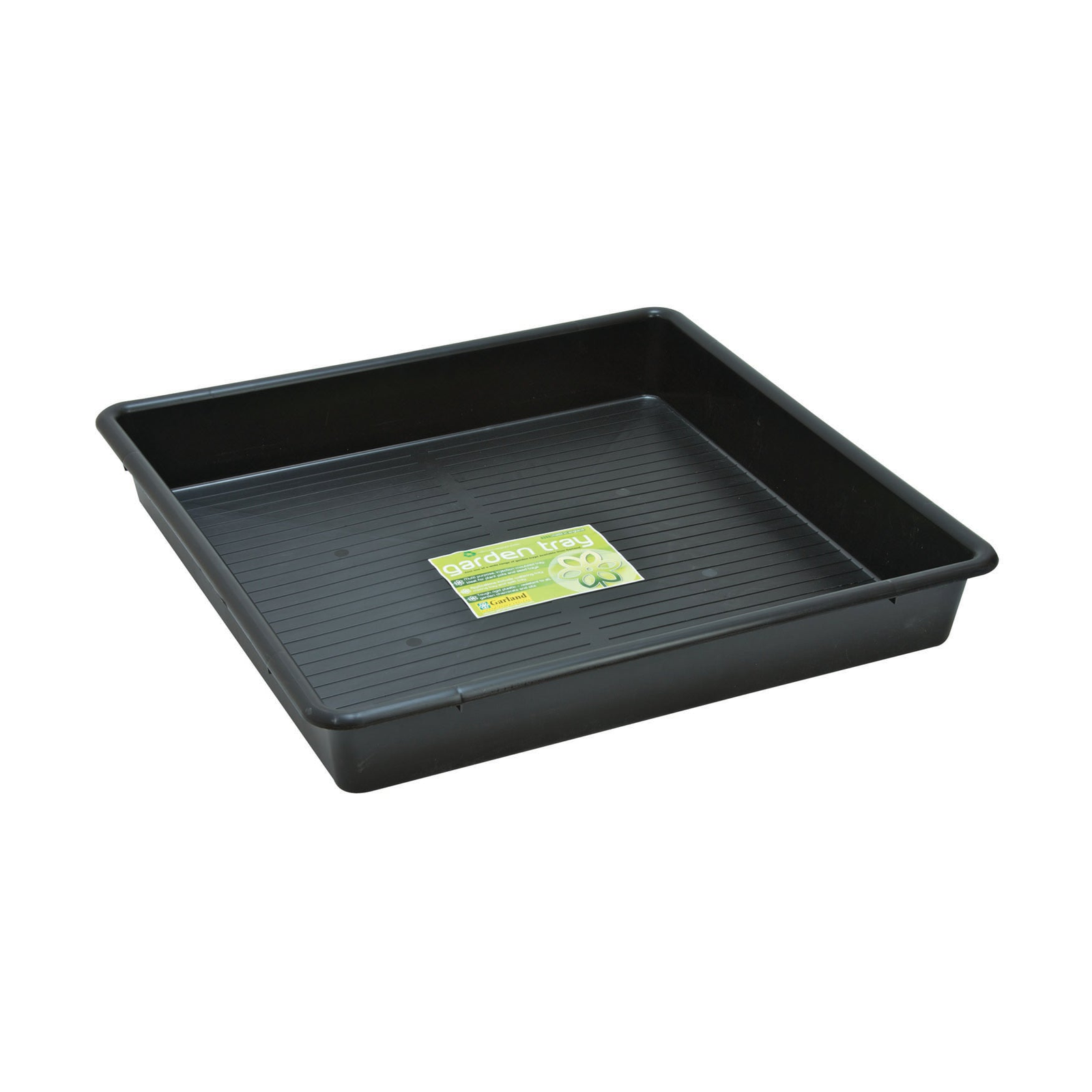 32" black square garden tray with drainage ridges, eco-friendly recycled polypropylene.