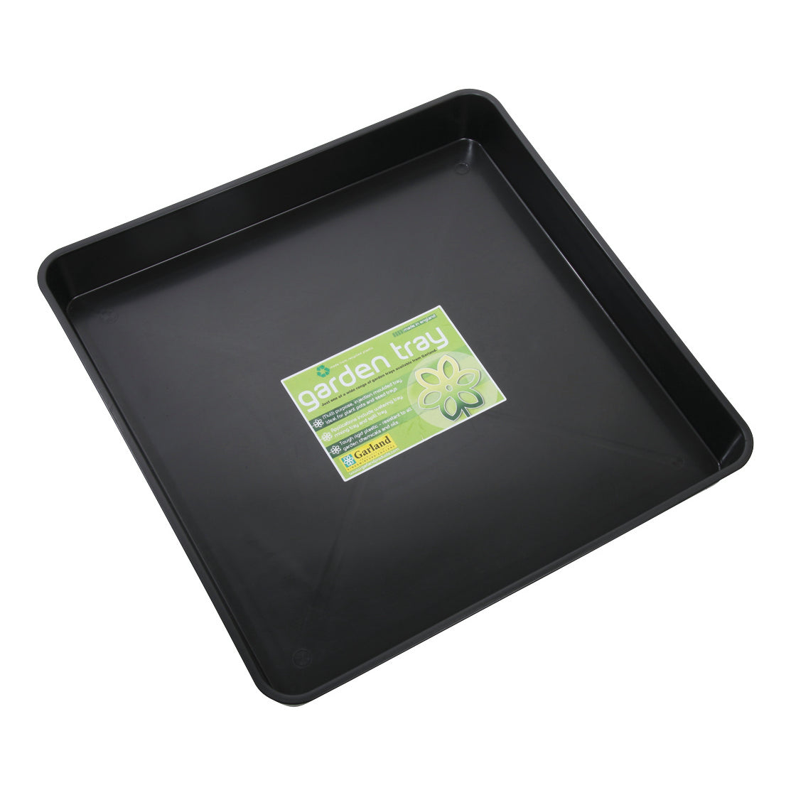 23" black square garden tray made from recycled polypropylene for greenhouse staging and hydroponics.