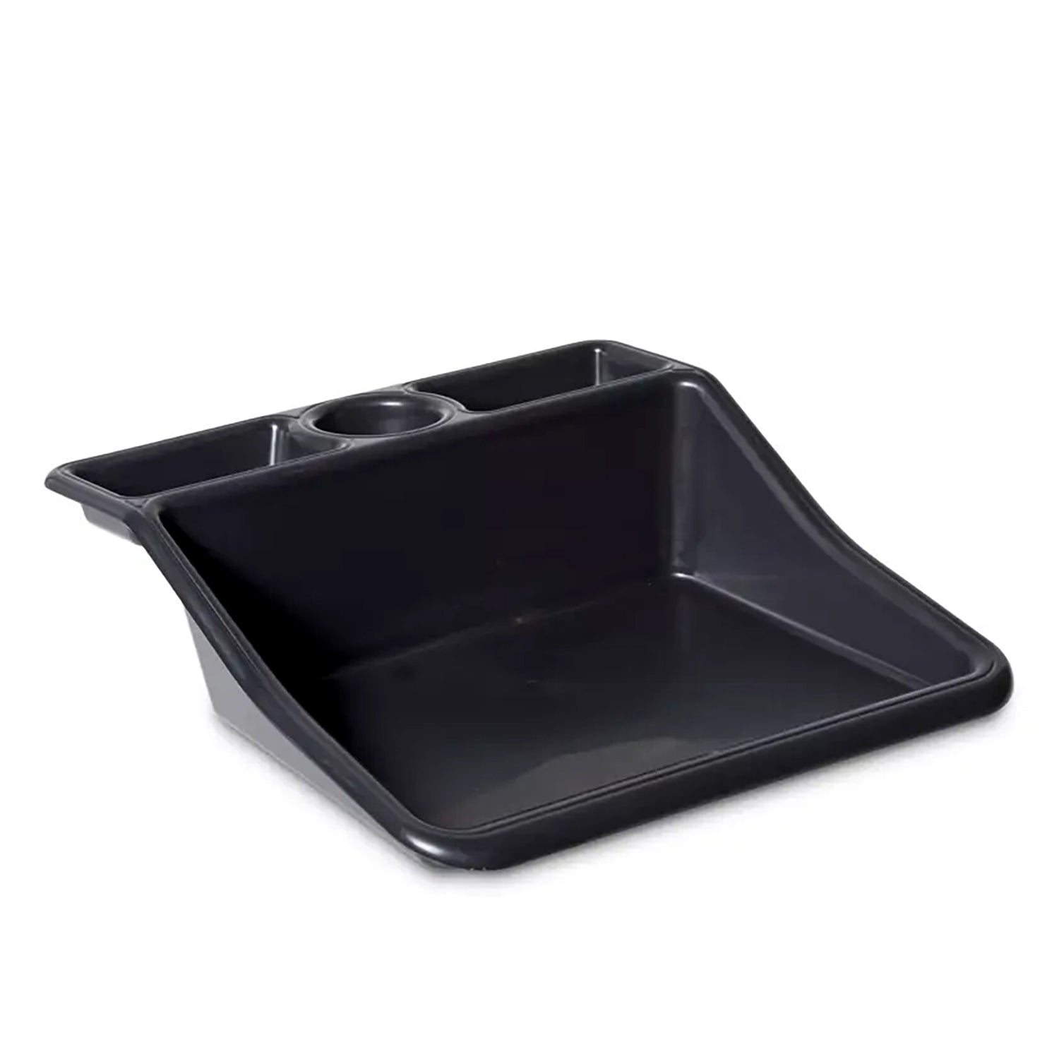 Compact Tidy Tray with built-in shelf, black, 19" for gardening.