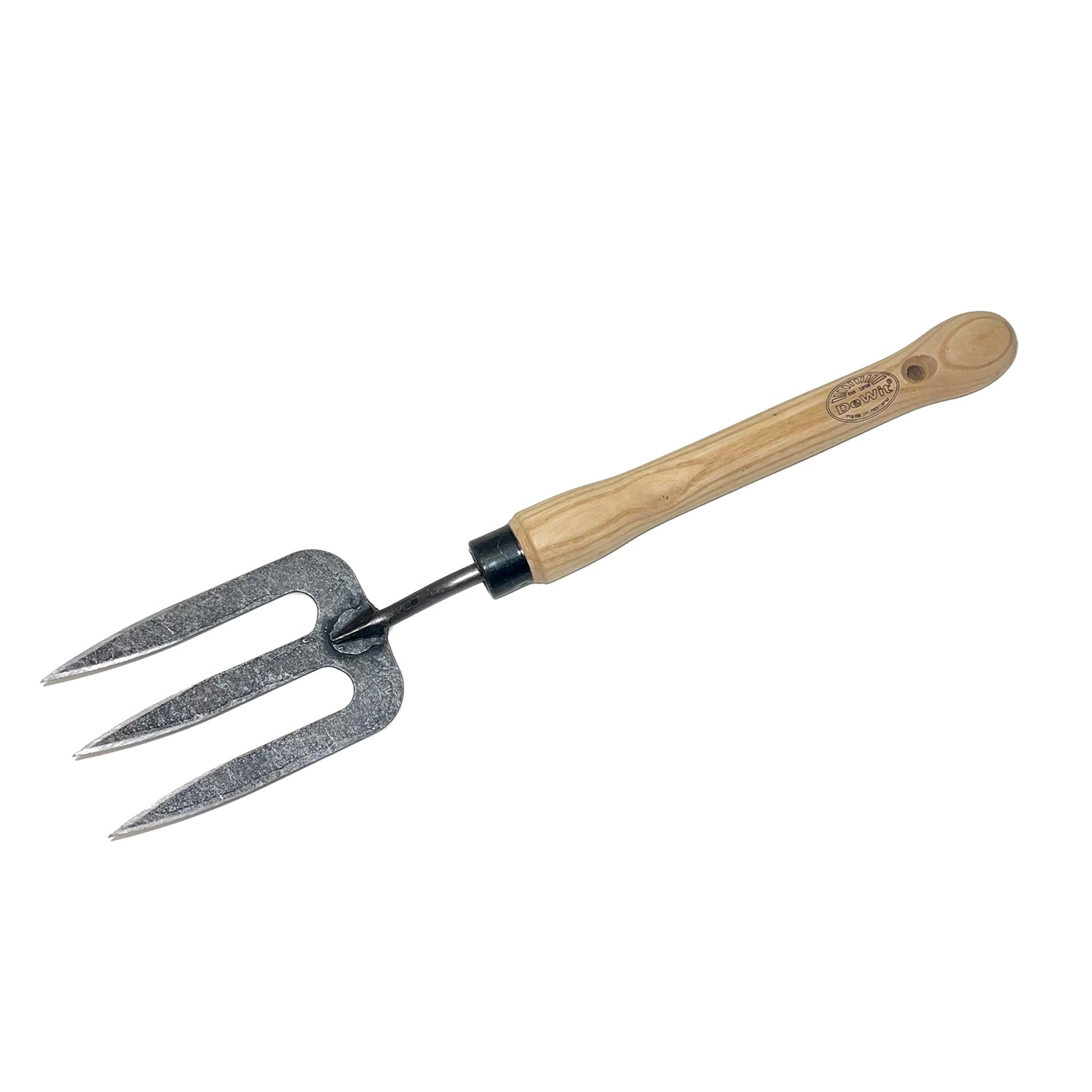 DeWit fork with midsize handle, tempered boron steel head, ash hardwood handle, ideal for aerating soil.