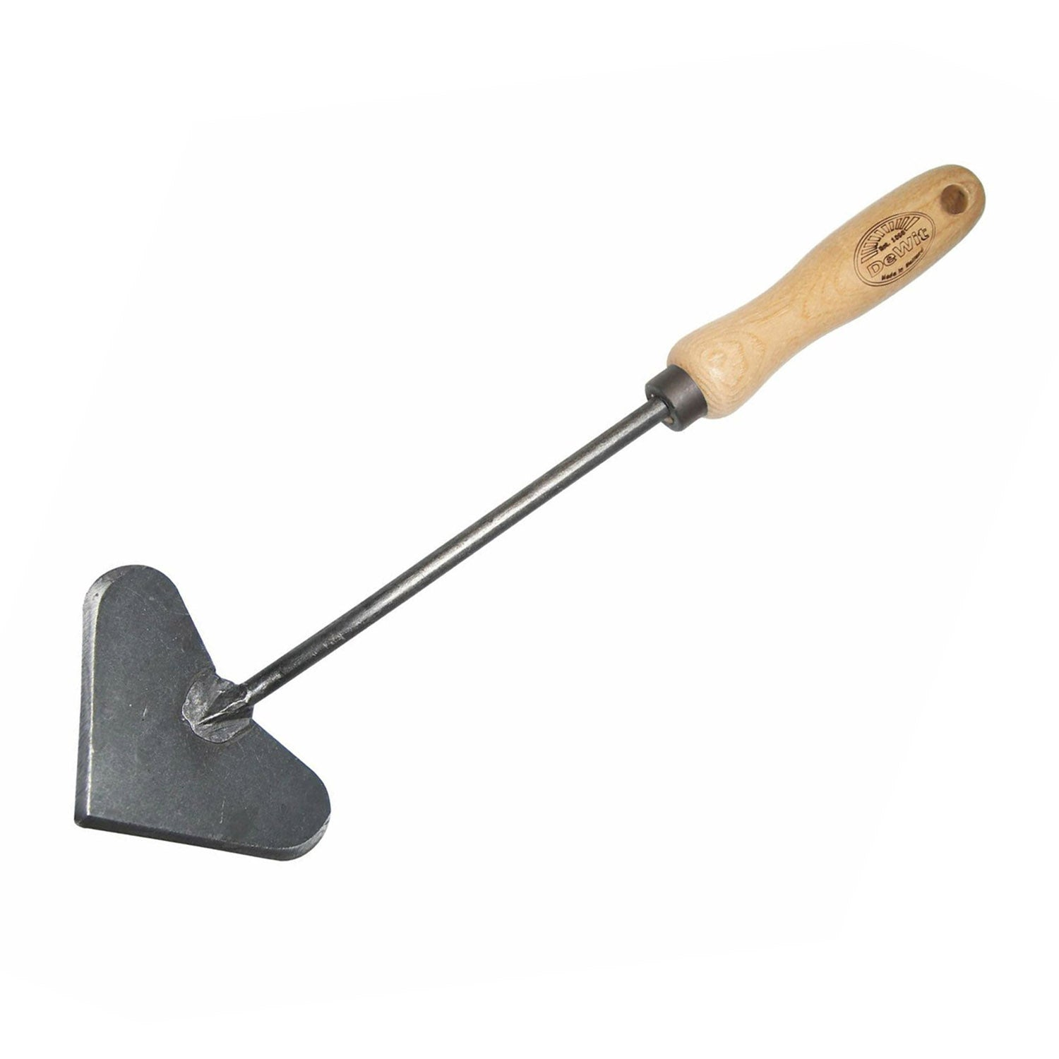 DeWit Heart Shape Push Hoe with ash handle, 2.75" x 4" steel head, 13.25" total length, eco-friendly gardening tool.