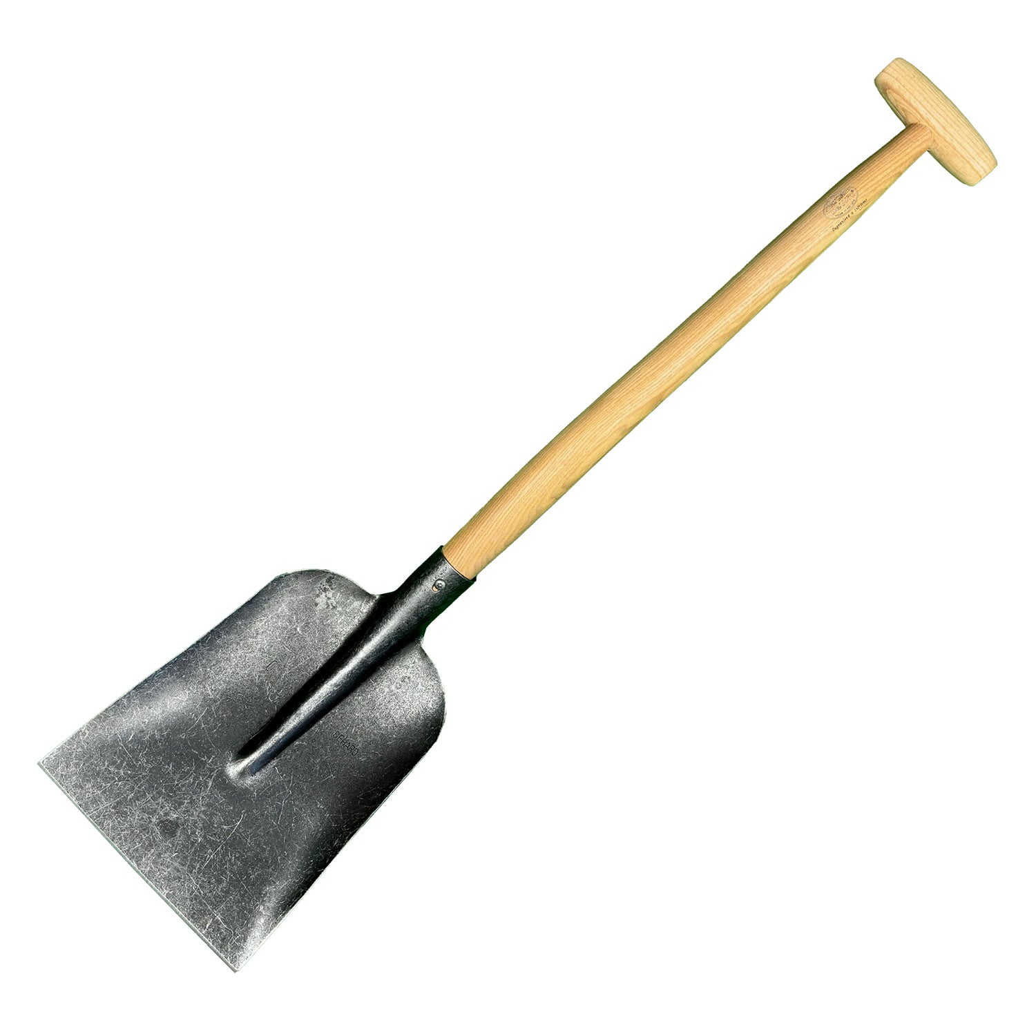 DeWit Straight Shovel with T-handle, 32-inch length, forged steel head, ash hardwood handle, ideal for camping and tight spaces.