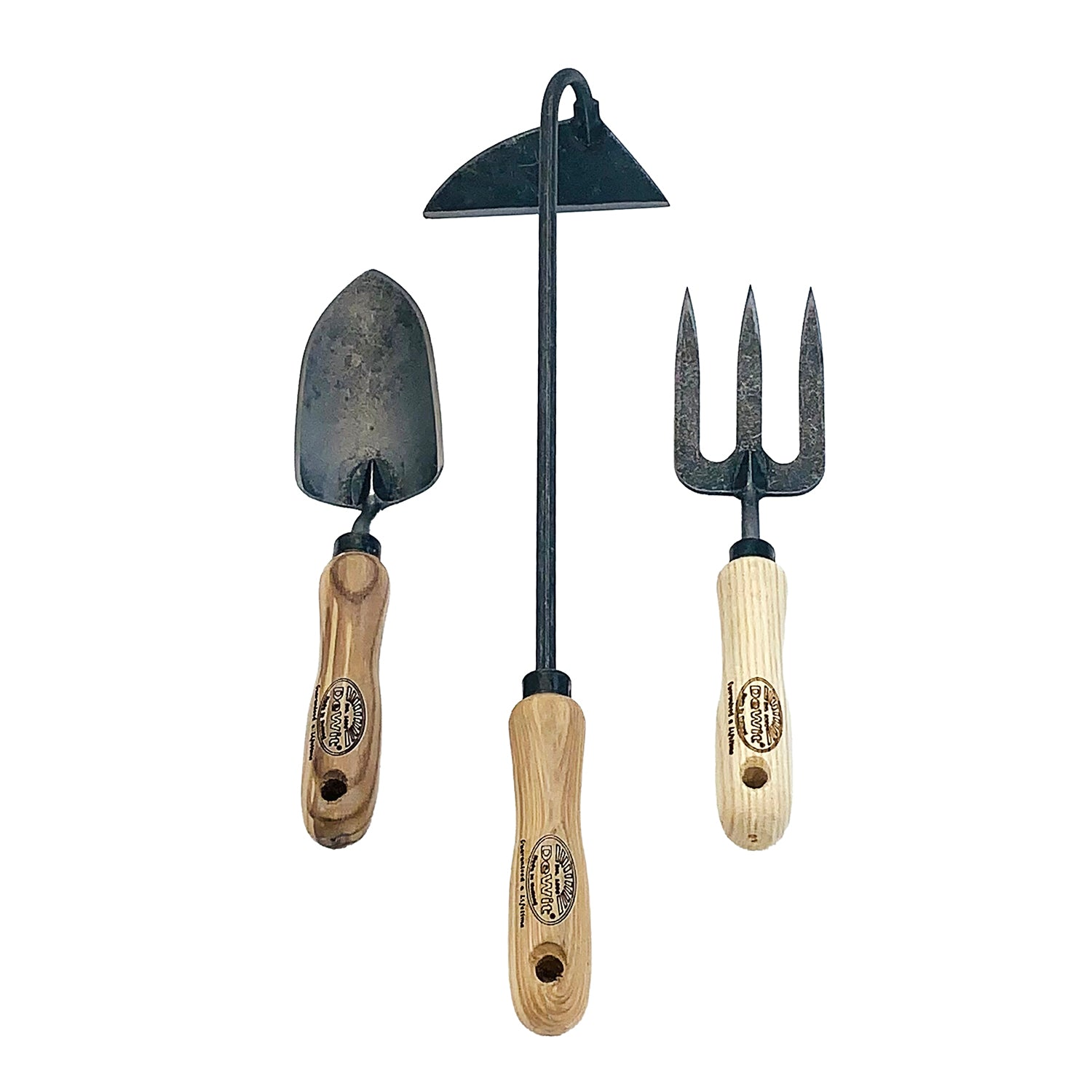 DeWit Tool Set - 3 Piece Petite with trowel, Dutch hand hoe, and hand fork, made from boron steel and ash wood.